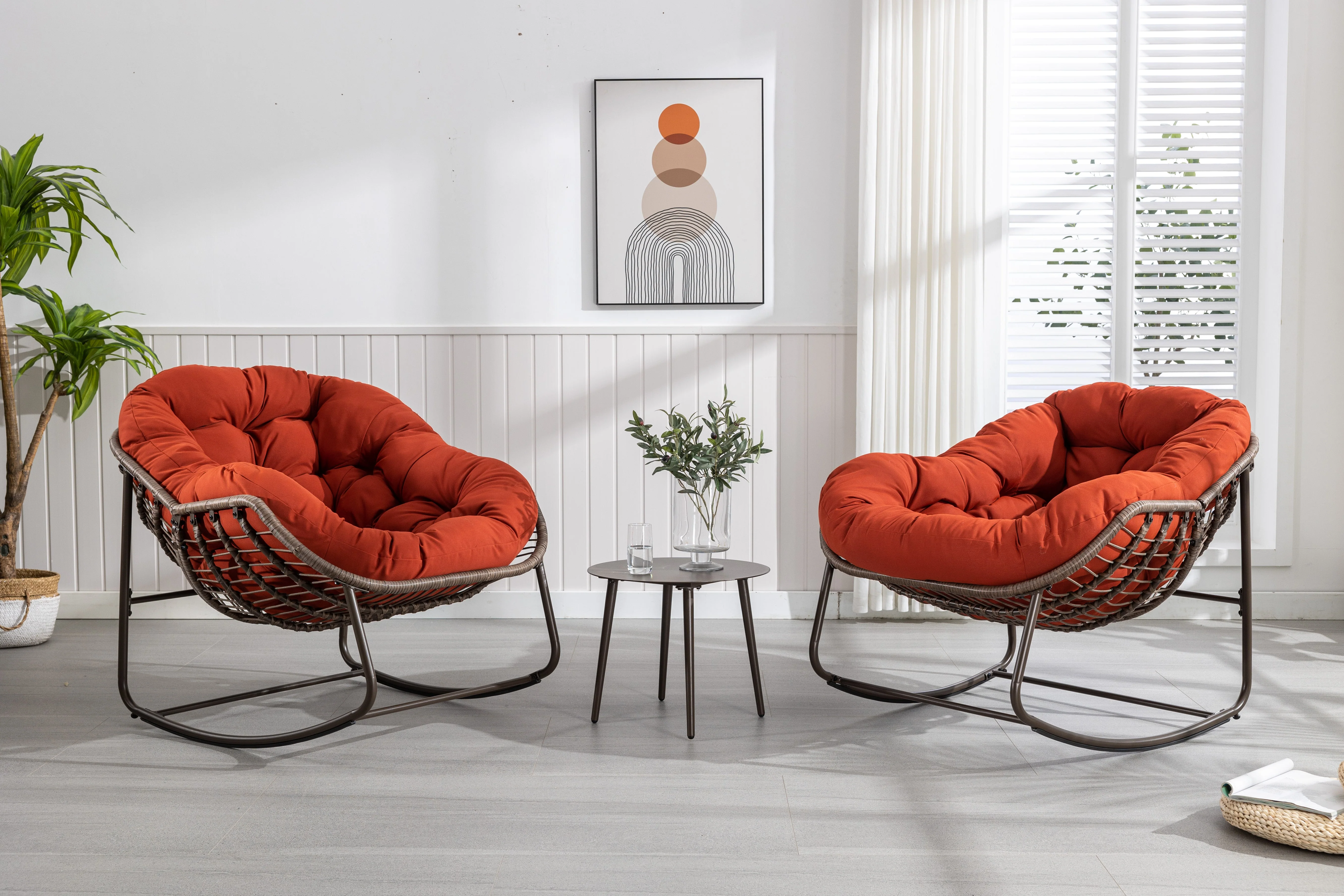 Outdoor Rattan Rocking Chair, Padded Cushion Recliner, Orange - Image 8