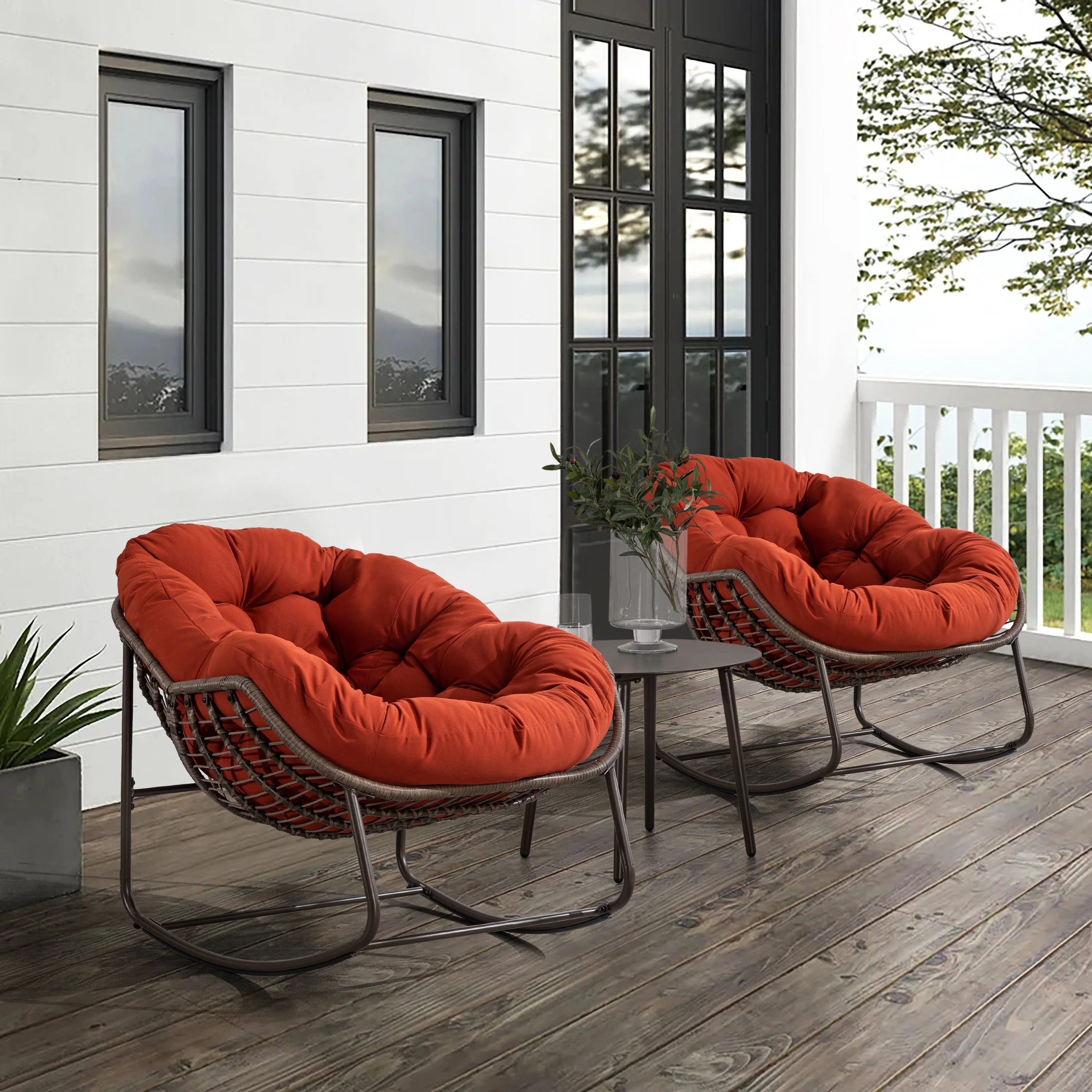 Outdoor Rattan Rocking Chair, Padded Cushion Recliner, Orange - Image 9
