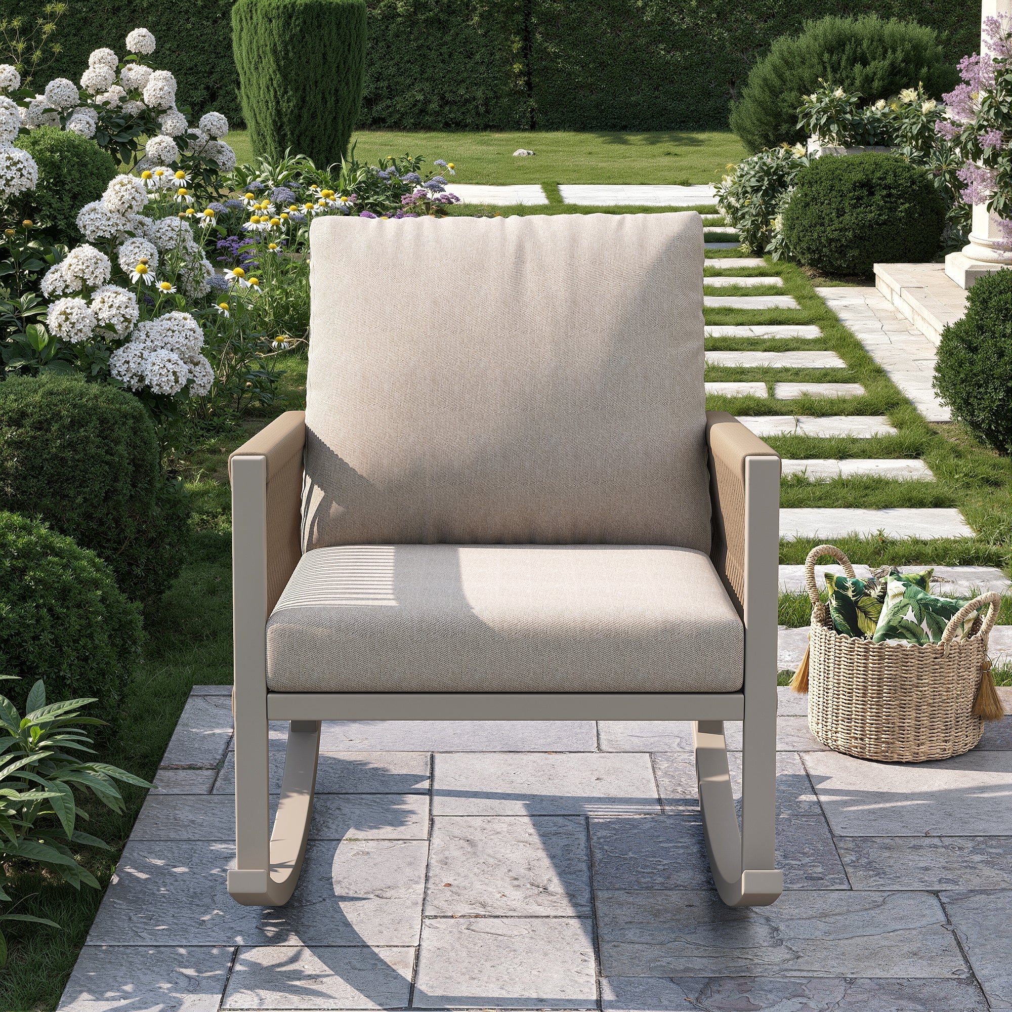Outdoor Rocking Chair with Cross-Rope Weaving and Cushions, Weatherproof Metal Frame - Image 11