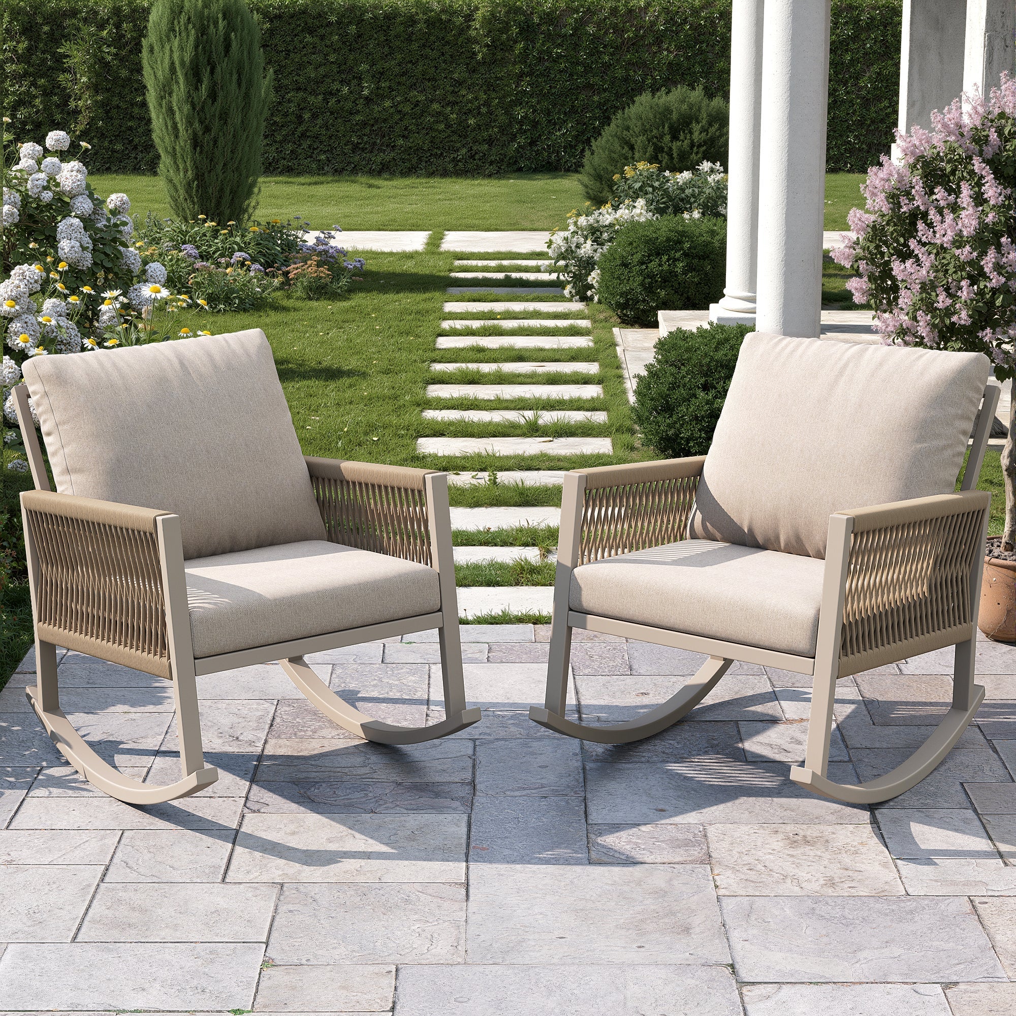 Outdoor Rocking Chair with Cross-Rope Weaving and Cushions, Weatherproof Metal Frame - Image 13