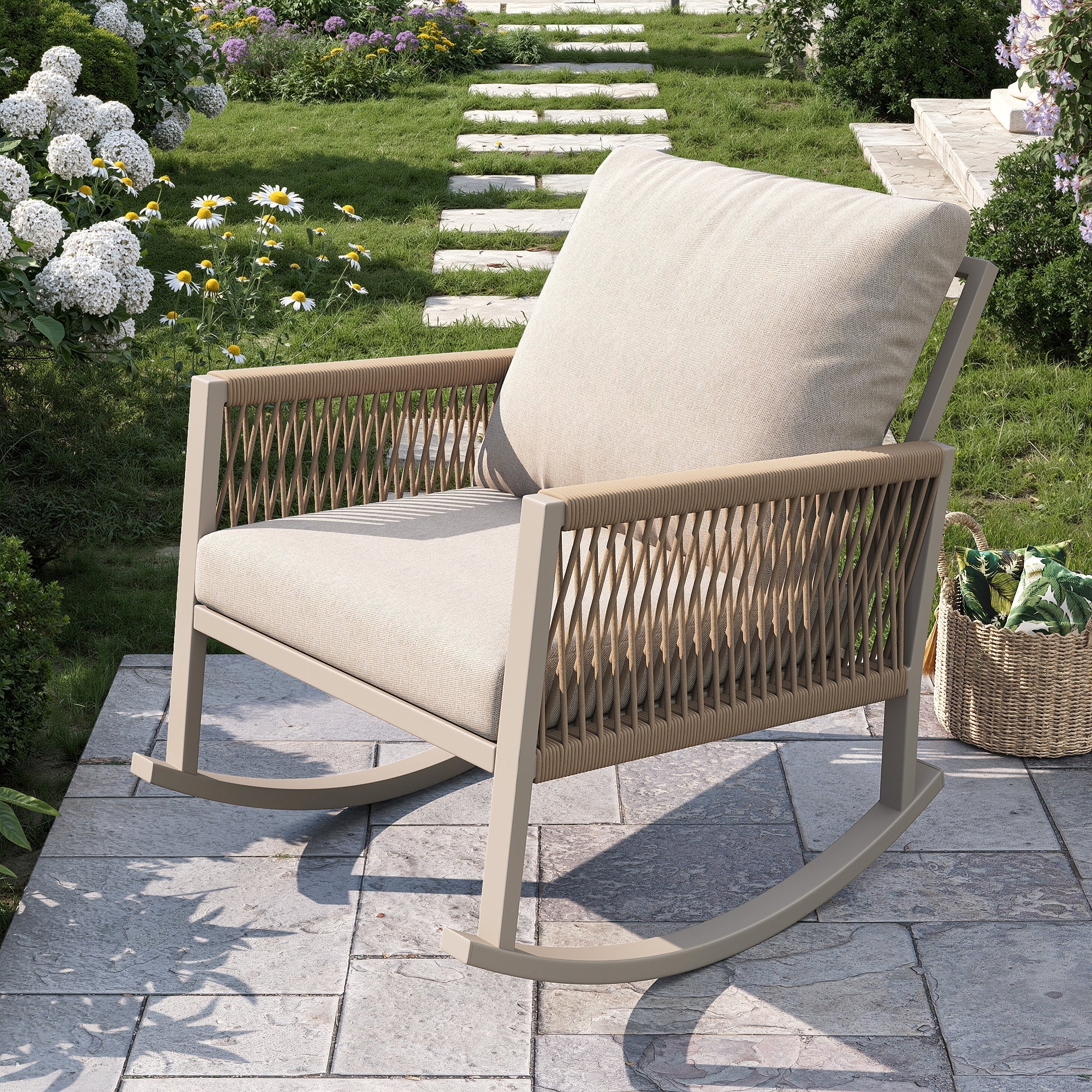Outdoor Rocking Chair with Cross-Rope Weaving and Cushions, Weatherproof Metal Frame - Image 14