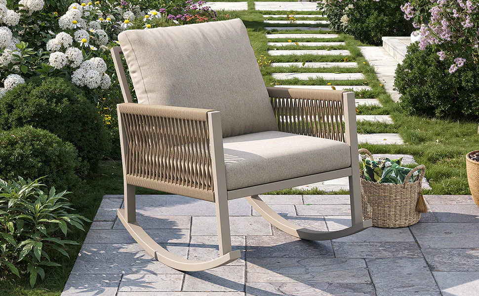 Outdoor Rocking Chair with Cross-Rope Weaving and Cushions, Weatherproof Metal Frame - Image 15