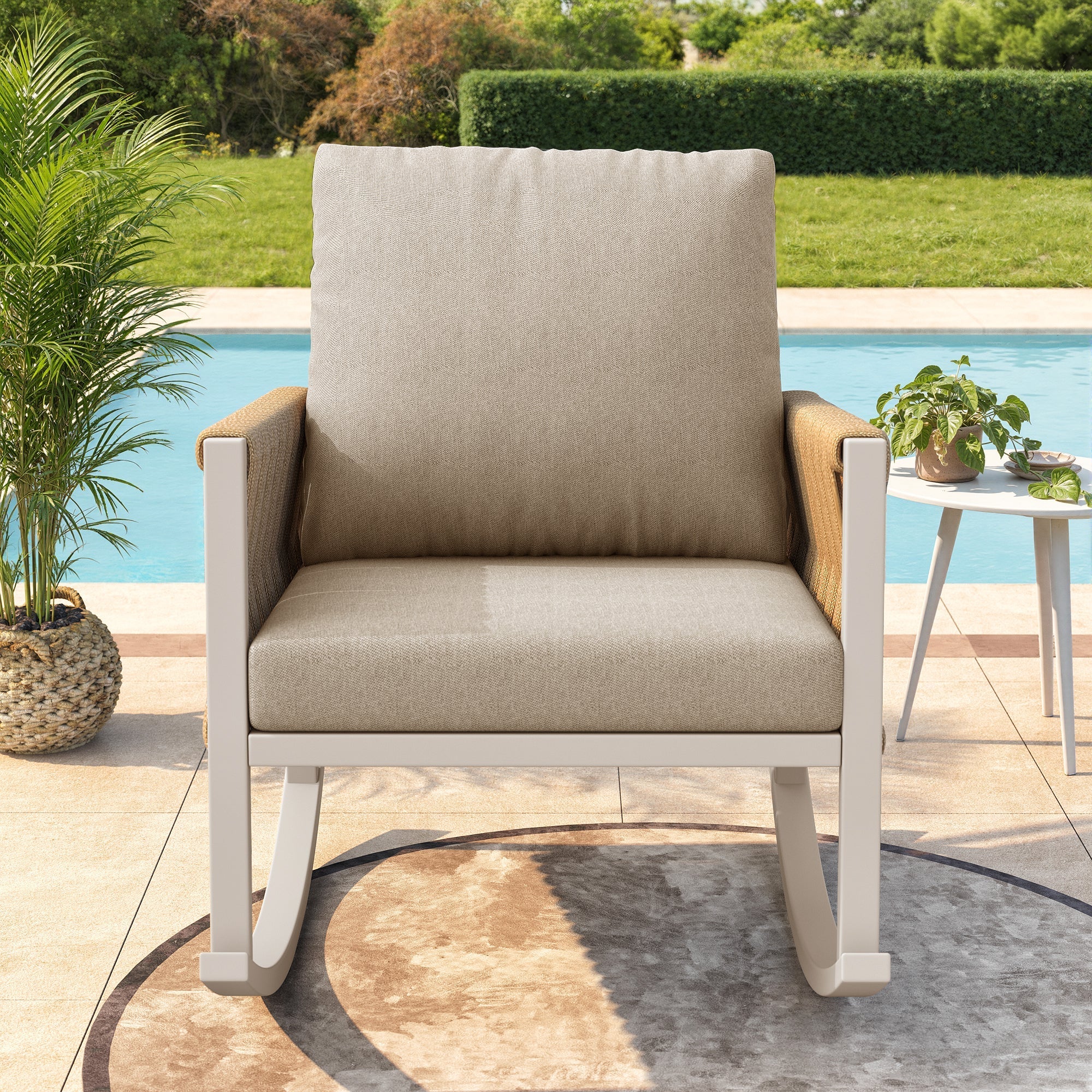 Outdoor Rocking Chair with Cross-Rope Weaving and Cushions, Weatherproof Metal Frame - Image 4