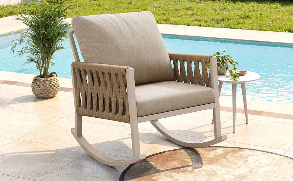 Outdoor Rocking Chair with Cross-Rope Weaving and Cushions, Weatherproof Metal Frame - Image 5