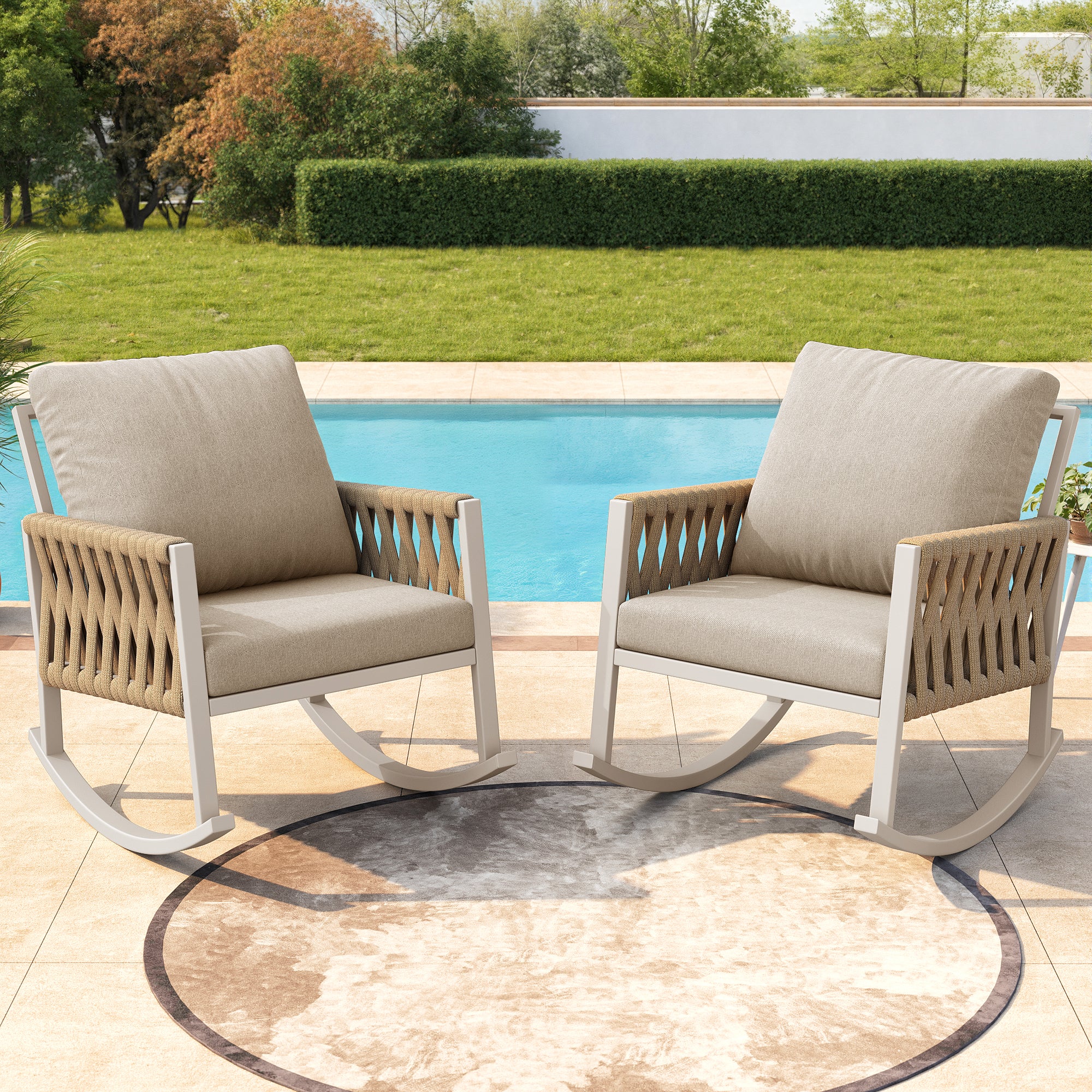Outdoor Rocking Chair with Cross-Rope Weaving and Cushions, Weatherproof Metal Frame - Image 6