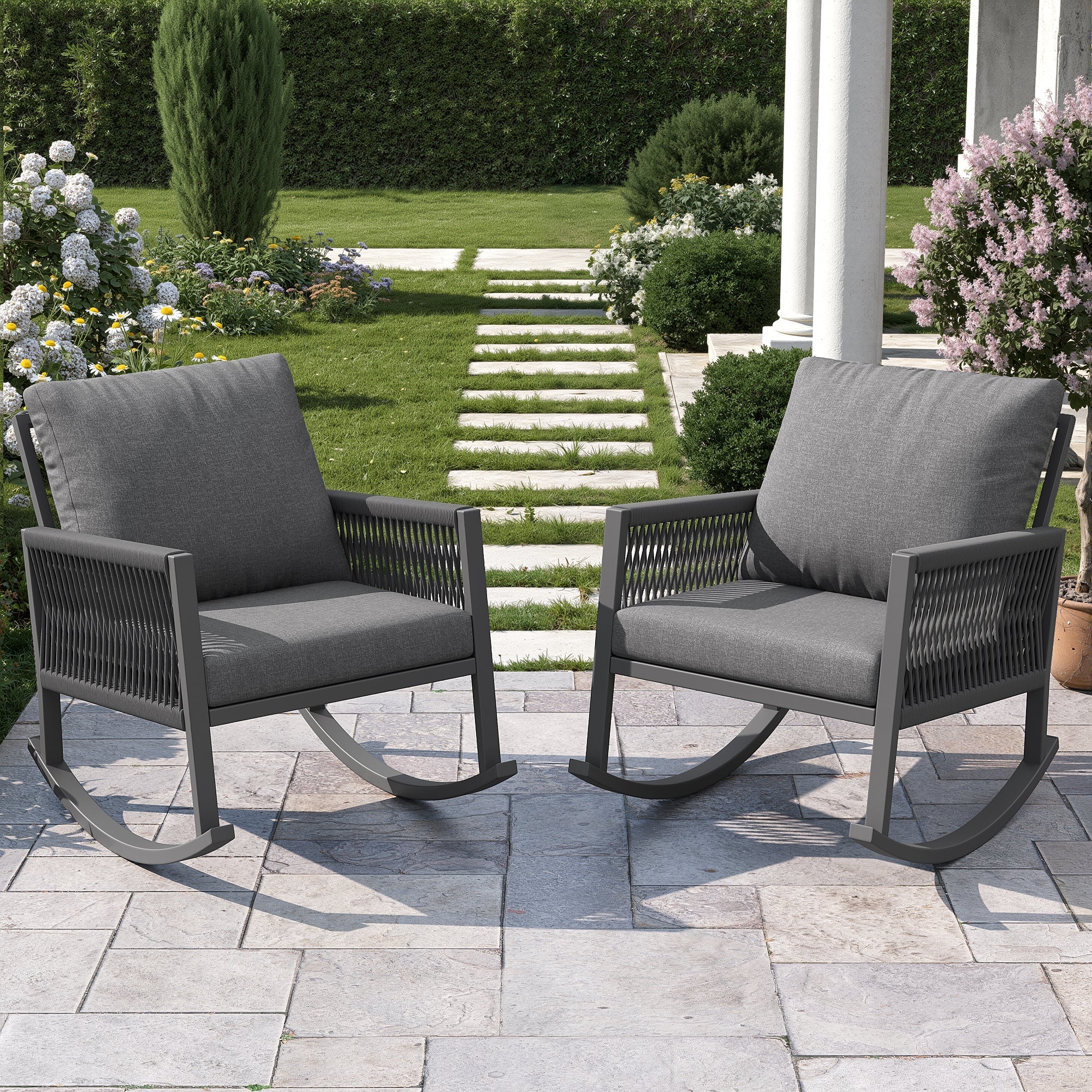 Outdoor Rocking Chair with Cross-Rope Weaving and Weatherproof Metal Frame, Grey Metal - Image 5