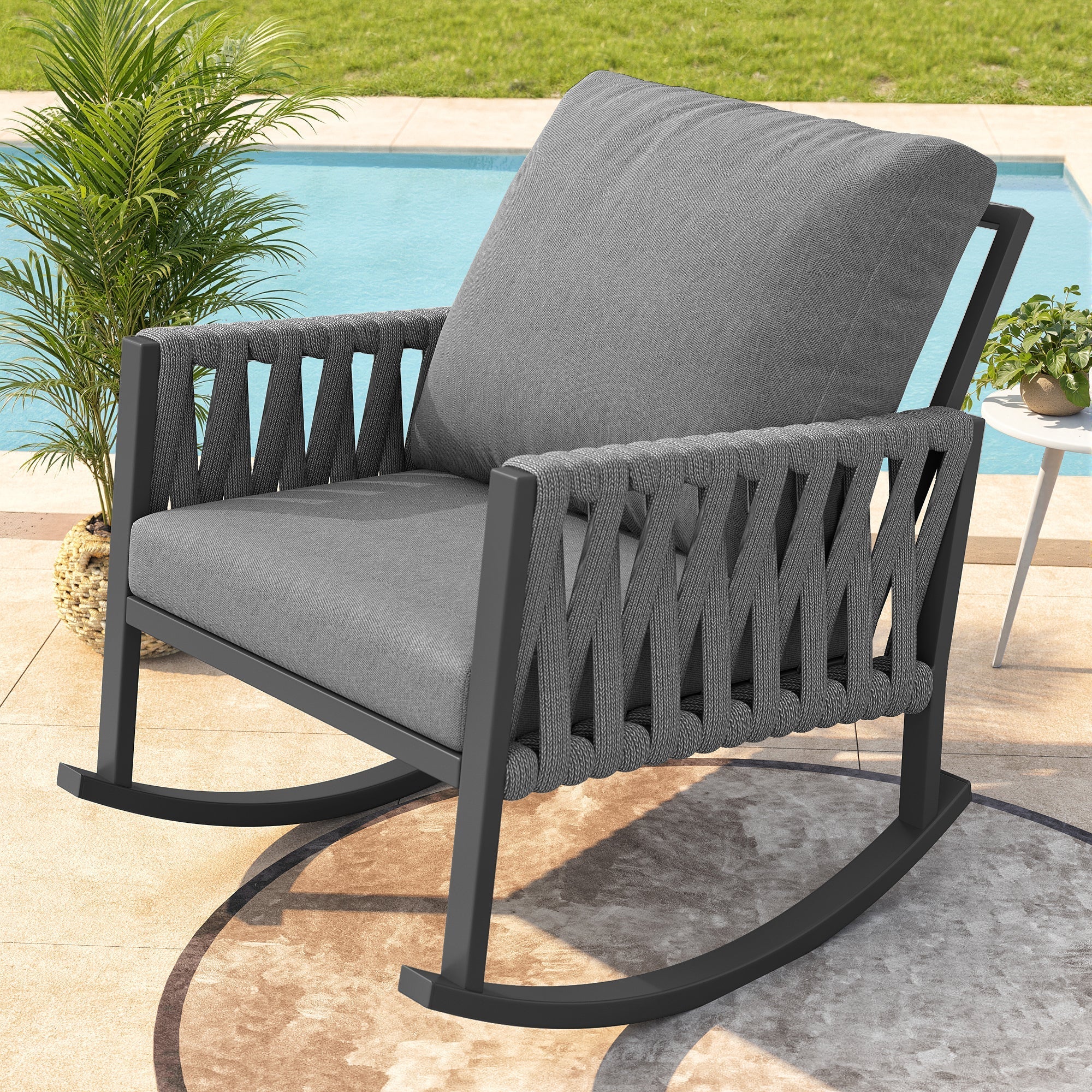 Outdoor Rocking Chair with Cross-Rope Weaving and Weatherproof Metal Frame, Metal and Rope - Image 2