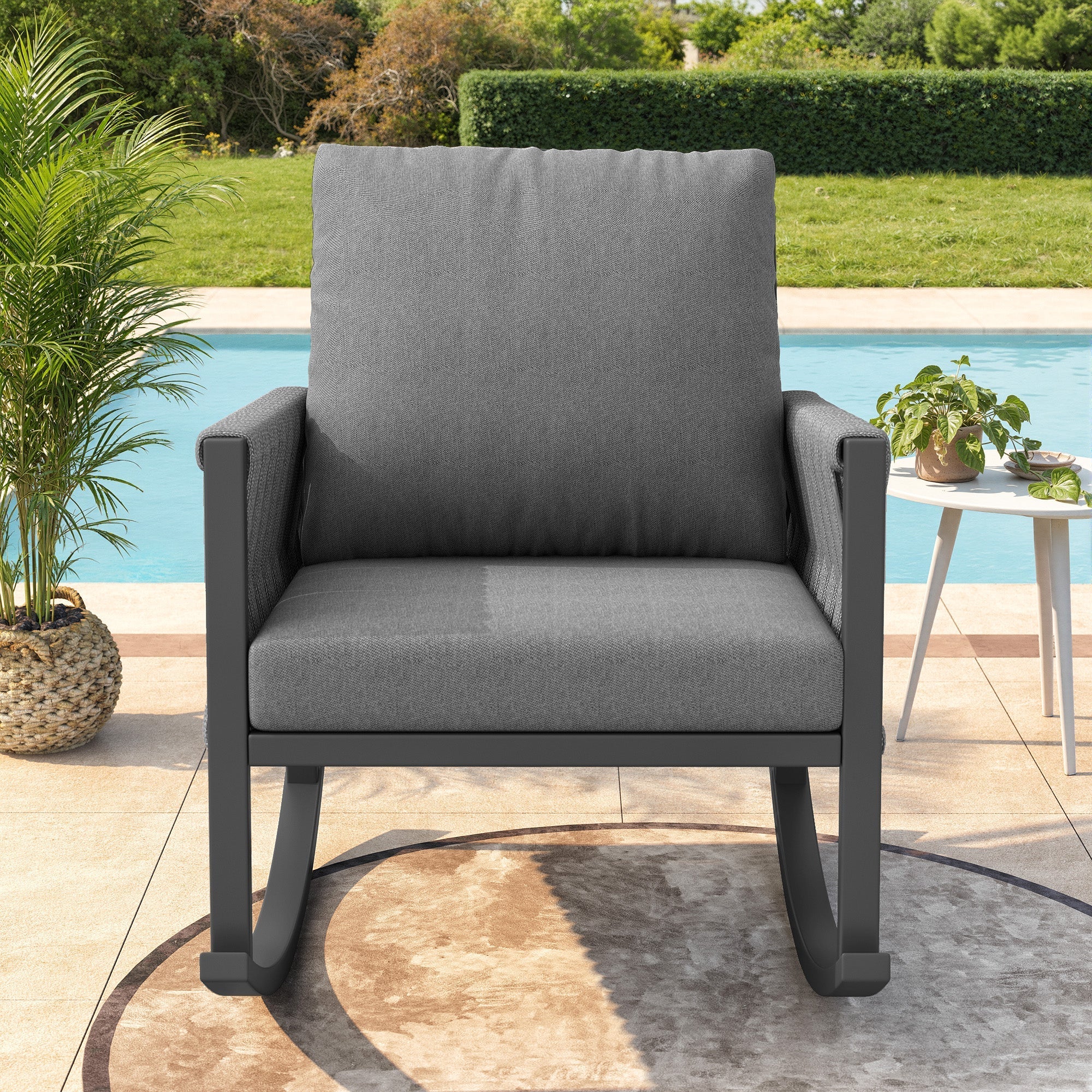 Outdoor Rocking Chair with Cross-Rope Weaving and Weatherproof Metal Frame, Metal and Rope - Image 3
