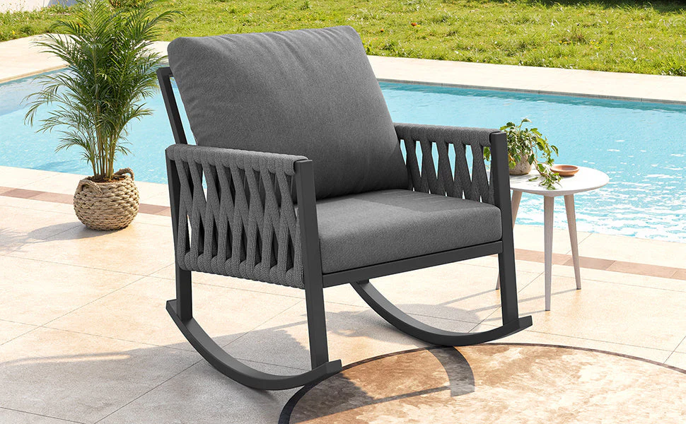 Outdoor Rocking Chair with Cross-Rope Weaving and Weatherproof Metal Frame, Metal and Rope - Image 4
