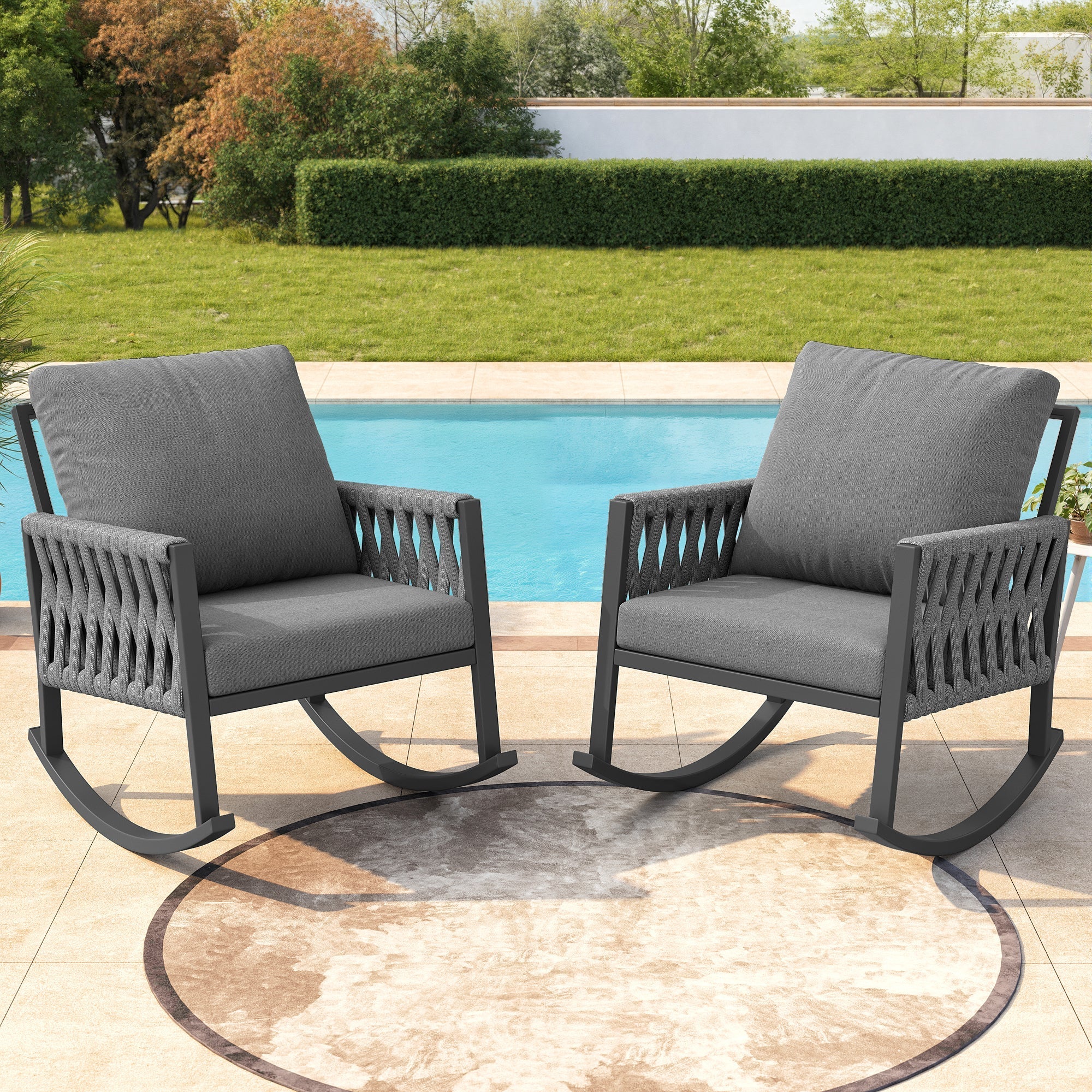 Outdoor Rocking Chair with Cross-Rope Weaving and Weatherproof Metal Frame, Metal and Rope - Image 5