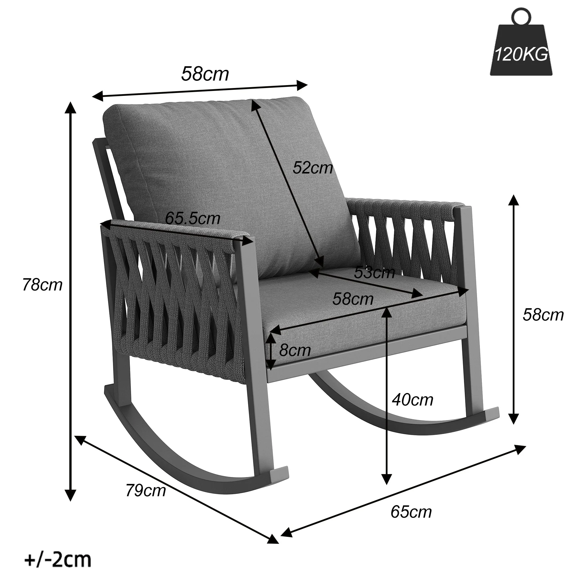 Outdoor Rocking Chair with Cross-Rope Weaving and Weatherproof Metal Frame, Metal and Rope - Image 6