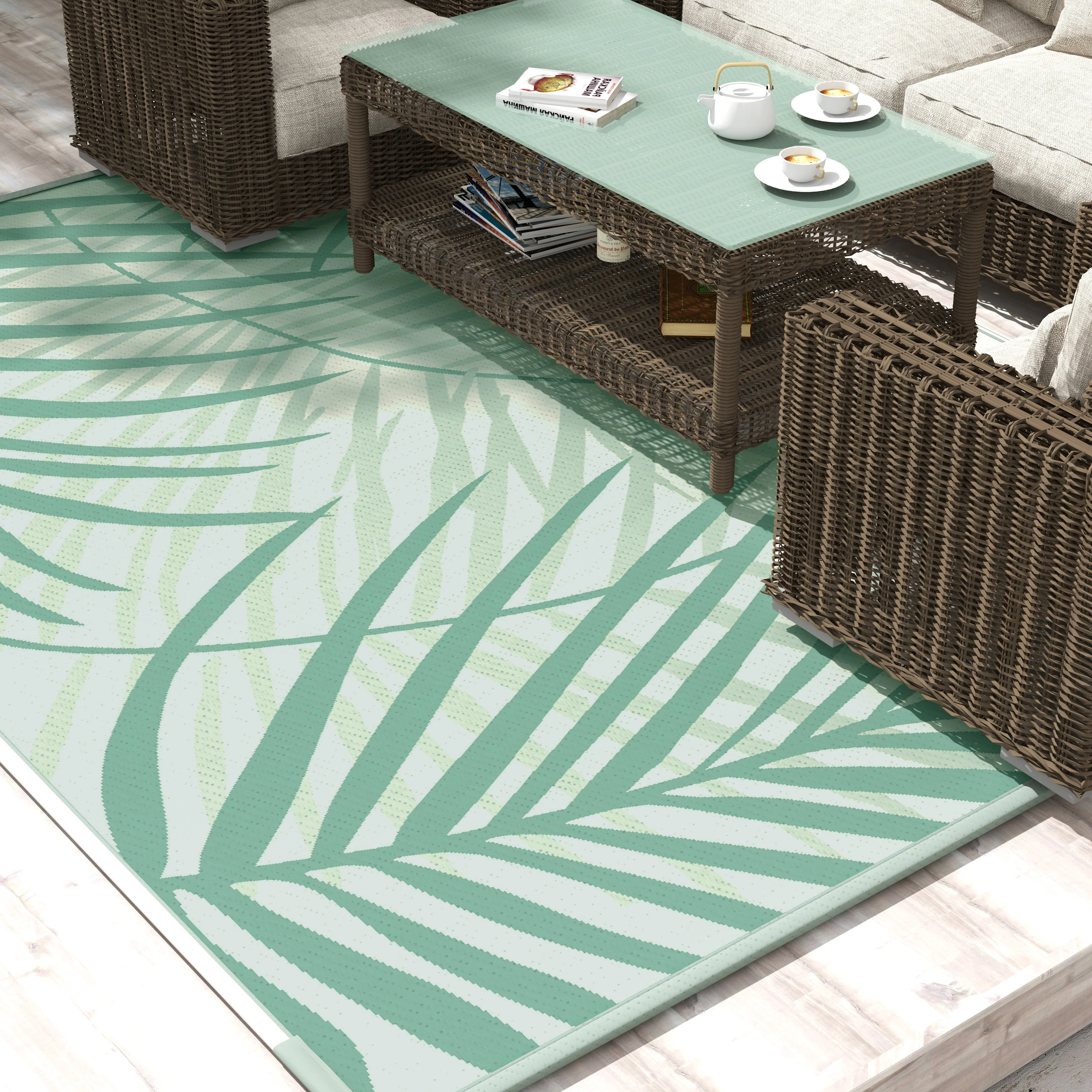 Outdoor Rug Reversible Water-Repellent 365x274cm with Carrying Bag, Green - Image 2
