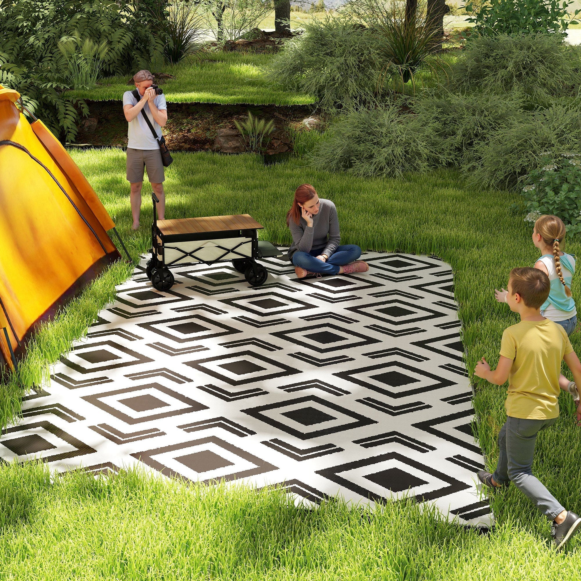 Outdoor Rug, Robust Weatherproof Foldable, Black and White