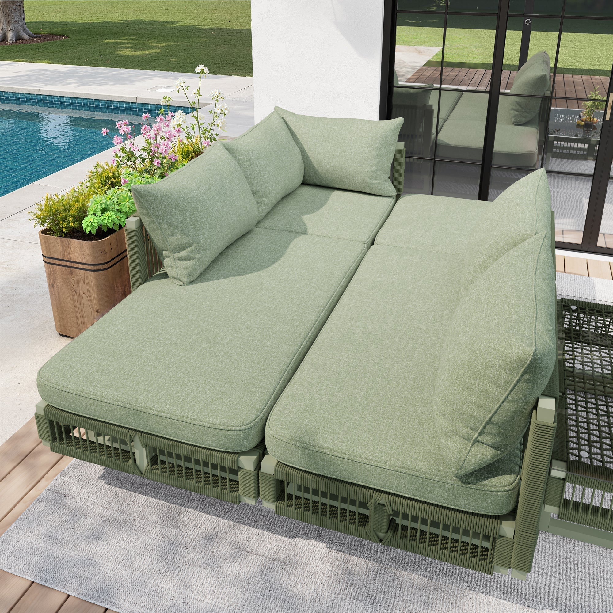 Outdoor Seating Group with Rope Weave, Adjustable Feet and Glass Coffee Table, Beige/Green - Image 8