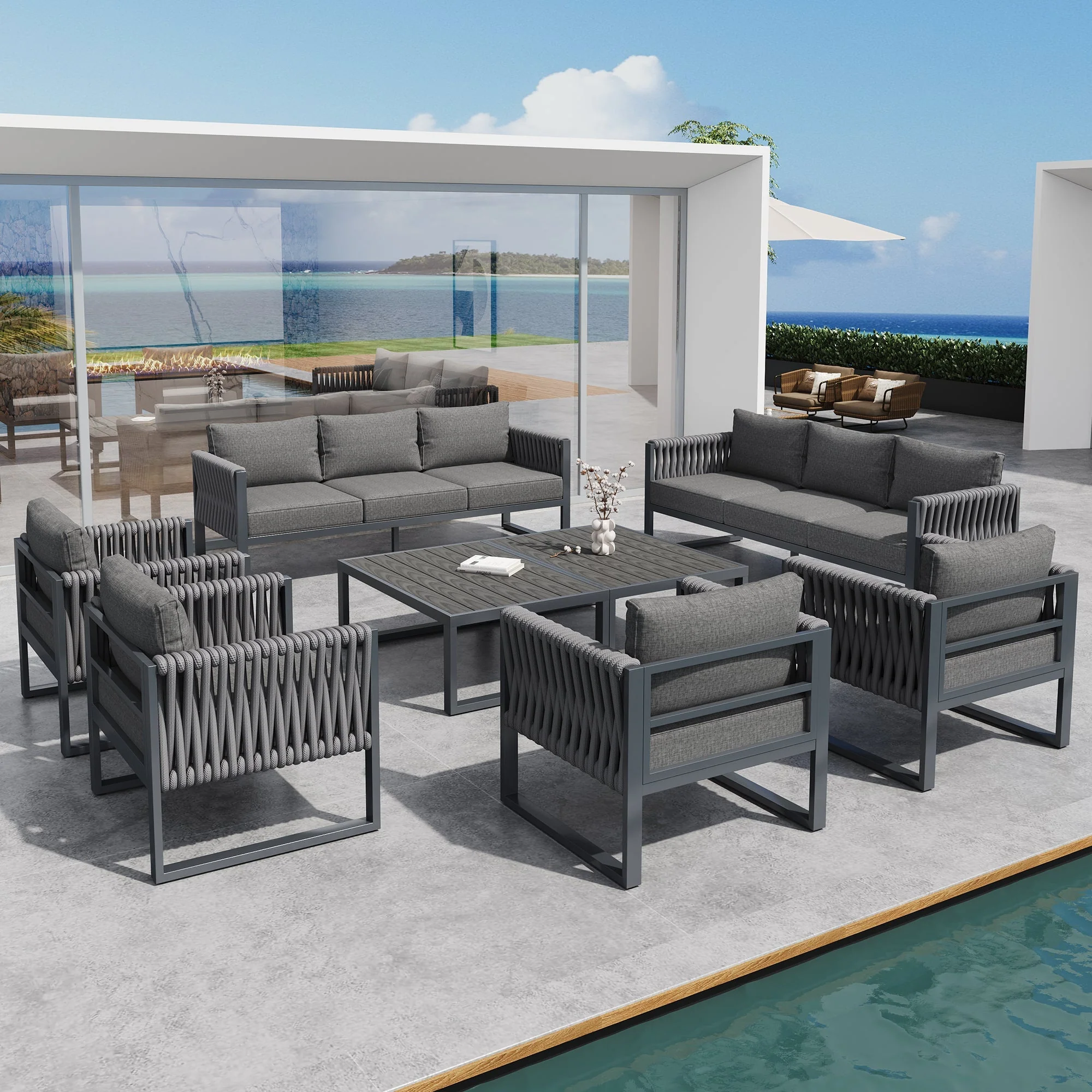 Outdoor Sofa Lounge Set 10-Seater Rustproof Metal Frame - Grey - Image 2