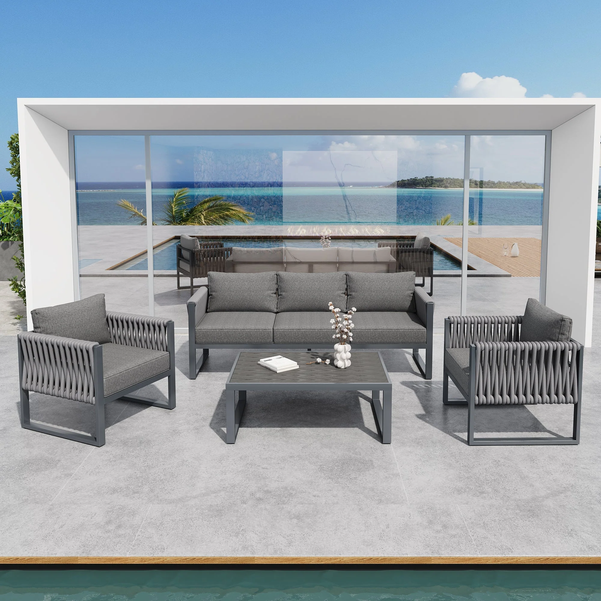 Outdoor Sofa Set 5-Seater Adjustable Feet Rustproof Metal Frame - Grey - Image 2