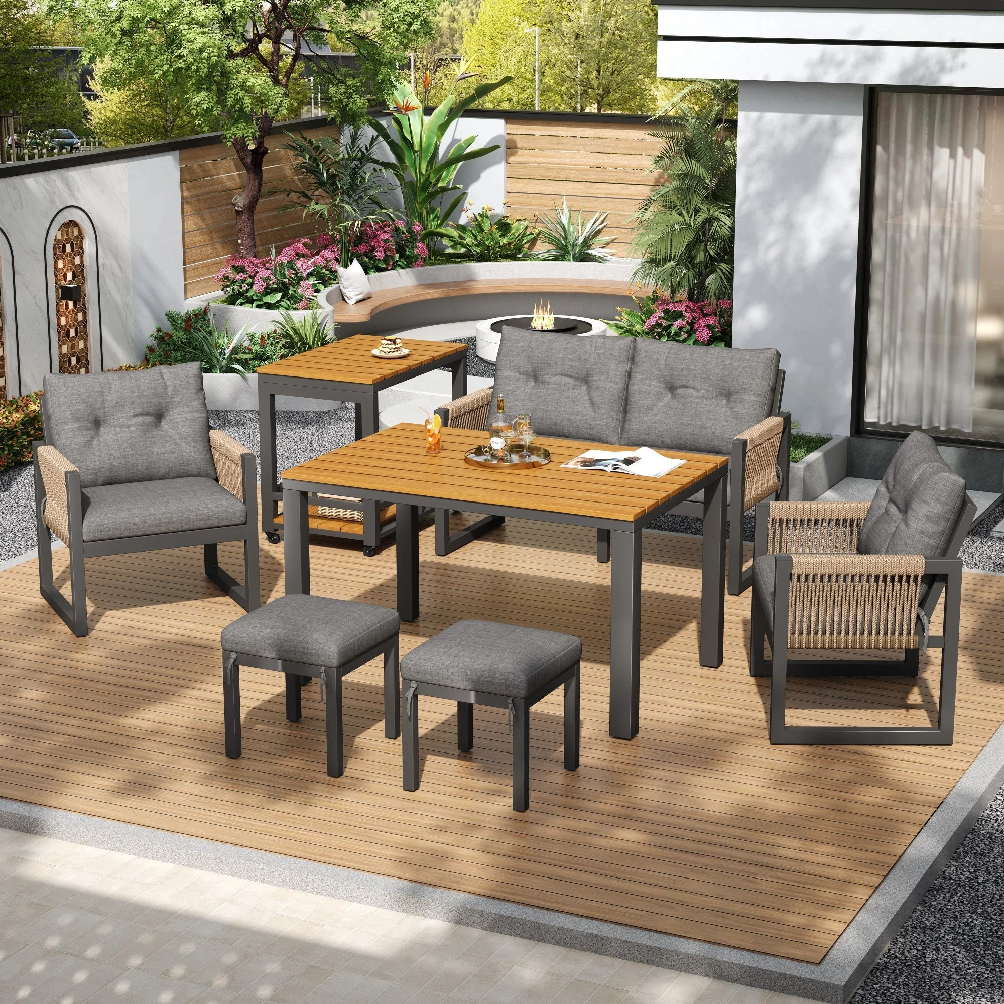 Outdoor Sofa Set with Woven Armrests, Cushions and Multifunctional Table, Iron Frame - Image 2
