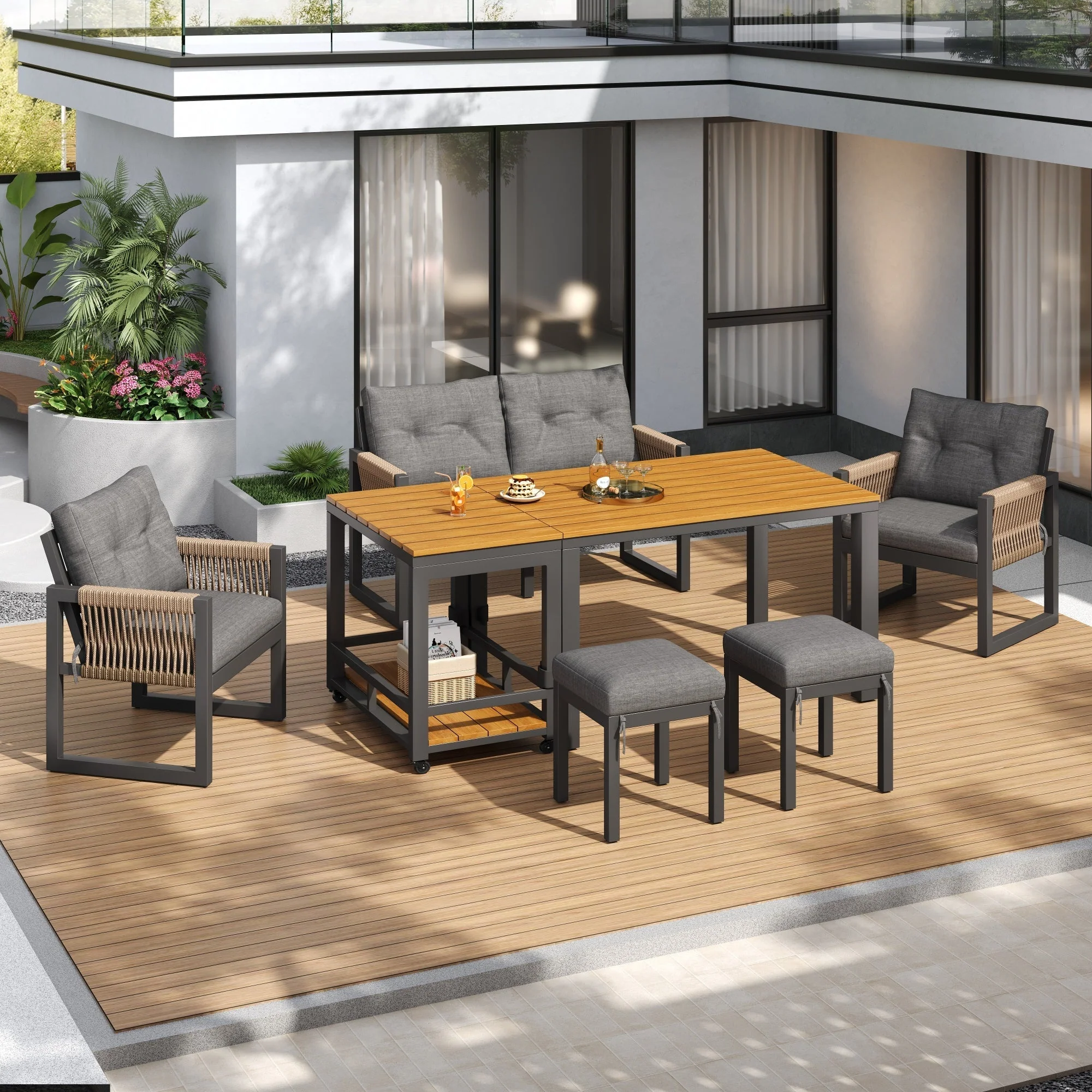 Outdoor Sofa Set with Woven Armrests, Cushions and Multifunctional Table, Iron Frame - Image 3