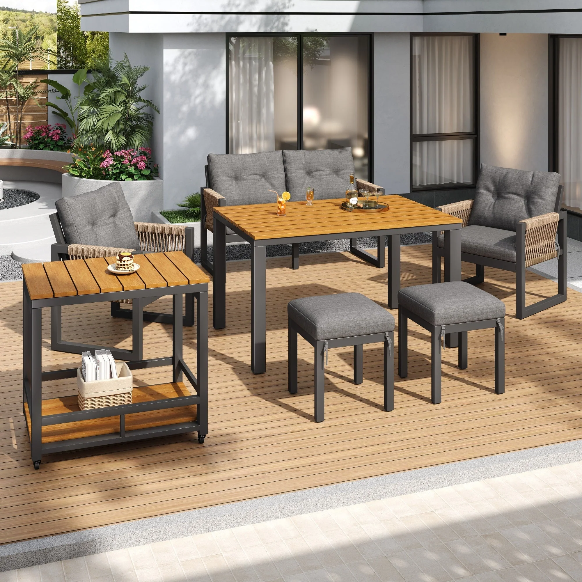 Outdoor Sofa Set with Woven Armrests, Cushions and Multifunctional Table, Iron Frame - Image 4