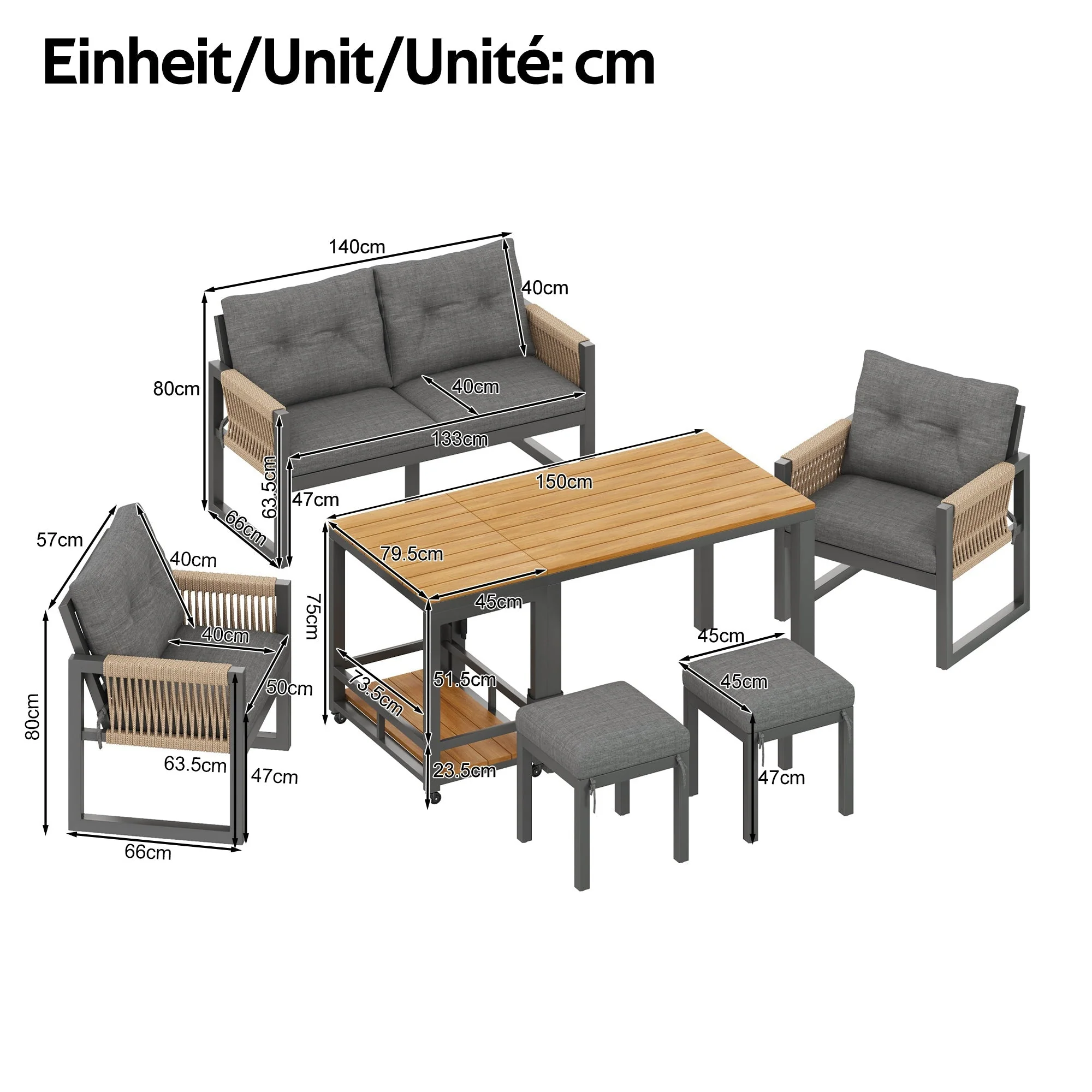 Outdoor Sofa Set with Woven Armrests, Cushions and Multifunctional Table, Iron Frame - Image 5