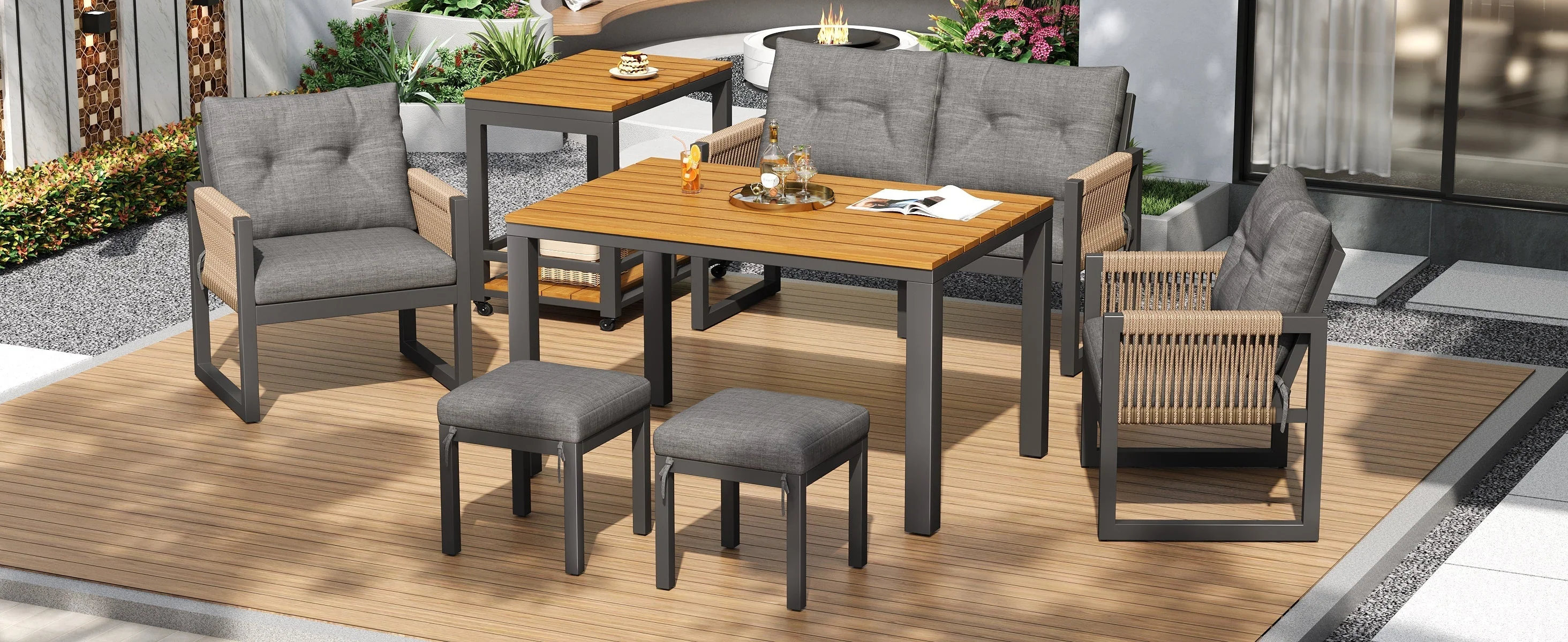 Outdoor Sofa Set with Woven Armrests, Cushions and Multifunctional Table, Iron Frame - Image 6