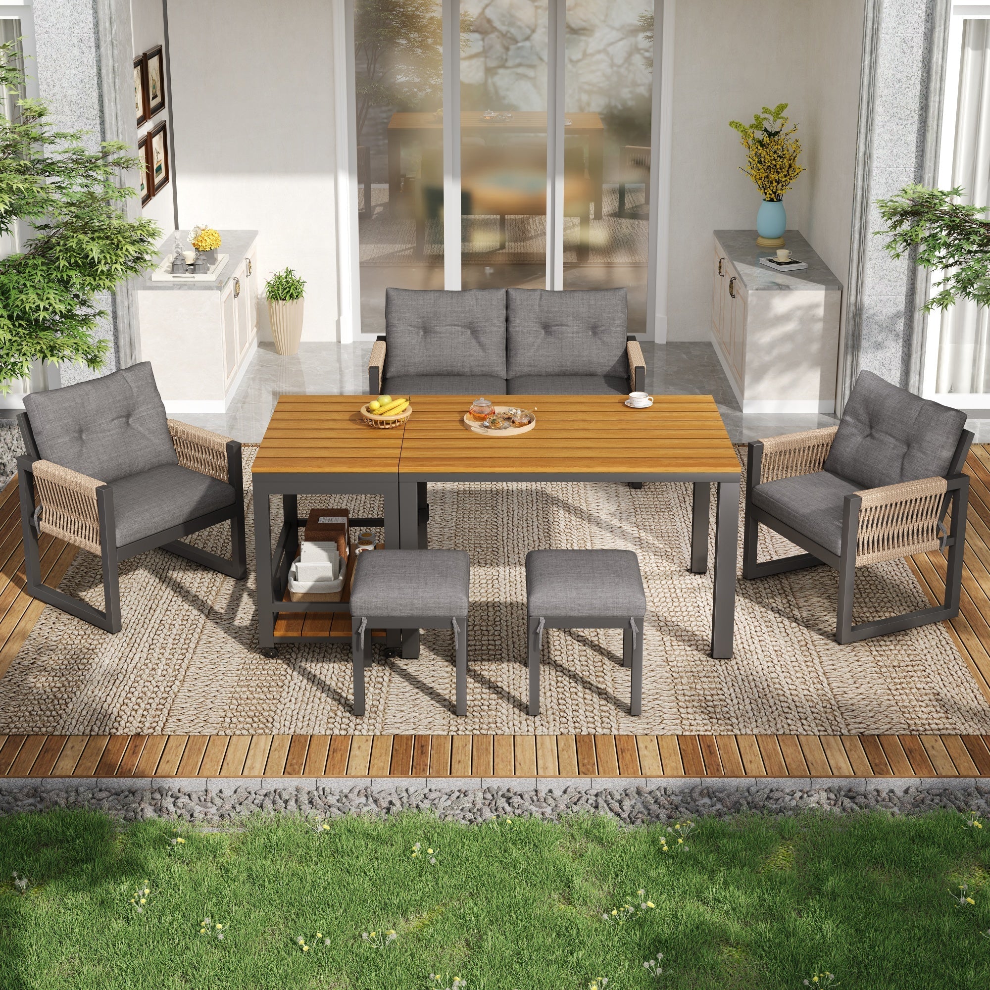 Outdoor Sofa Set with Woven Armrests, Cushions and Multifunctional Table, Iron Frame - Image 7
