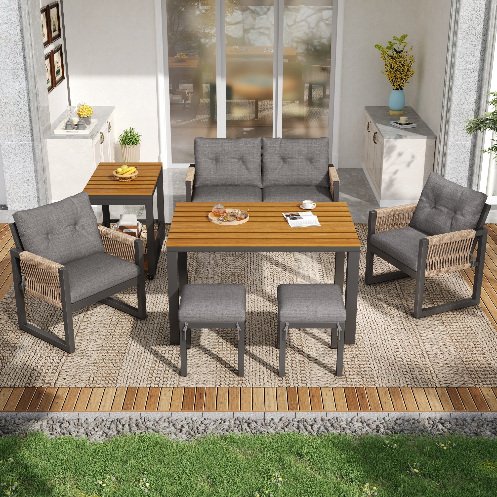 Outdoor Sofa Set with Woven Armrests, Cushions and Multifunctional Table, Iron Frame - Image 8