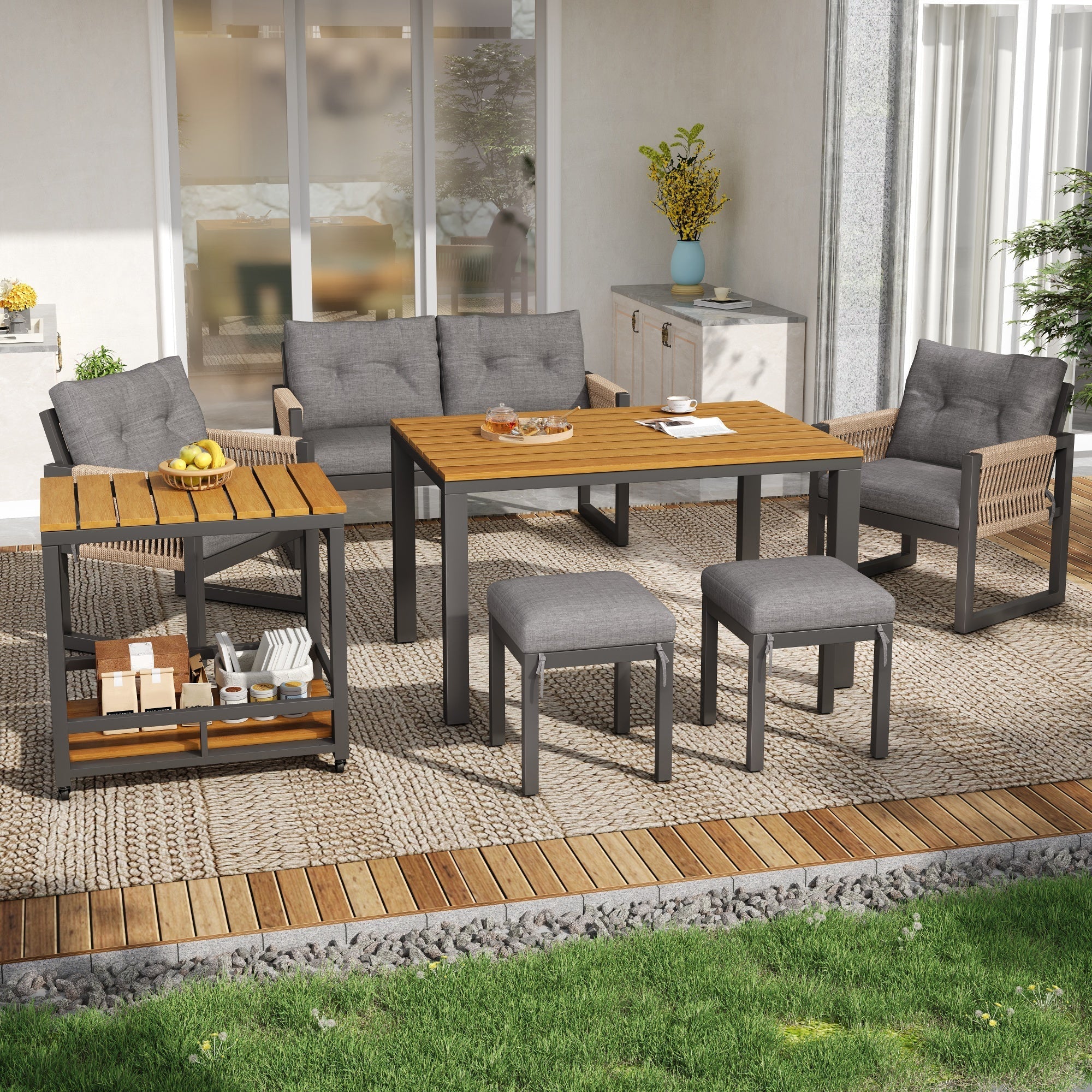 Outdoor Sofa Set with Woven Armrests, Cushions and Multifunctional Table, Iron Frame - Image 9