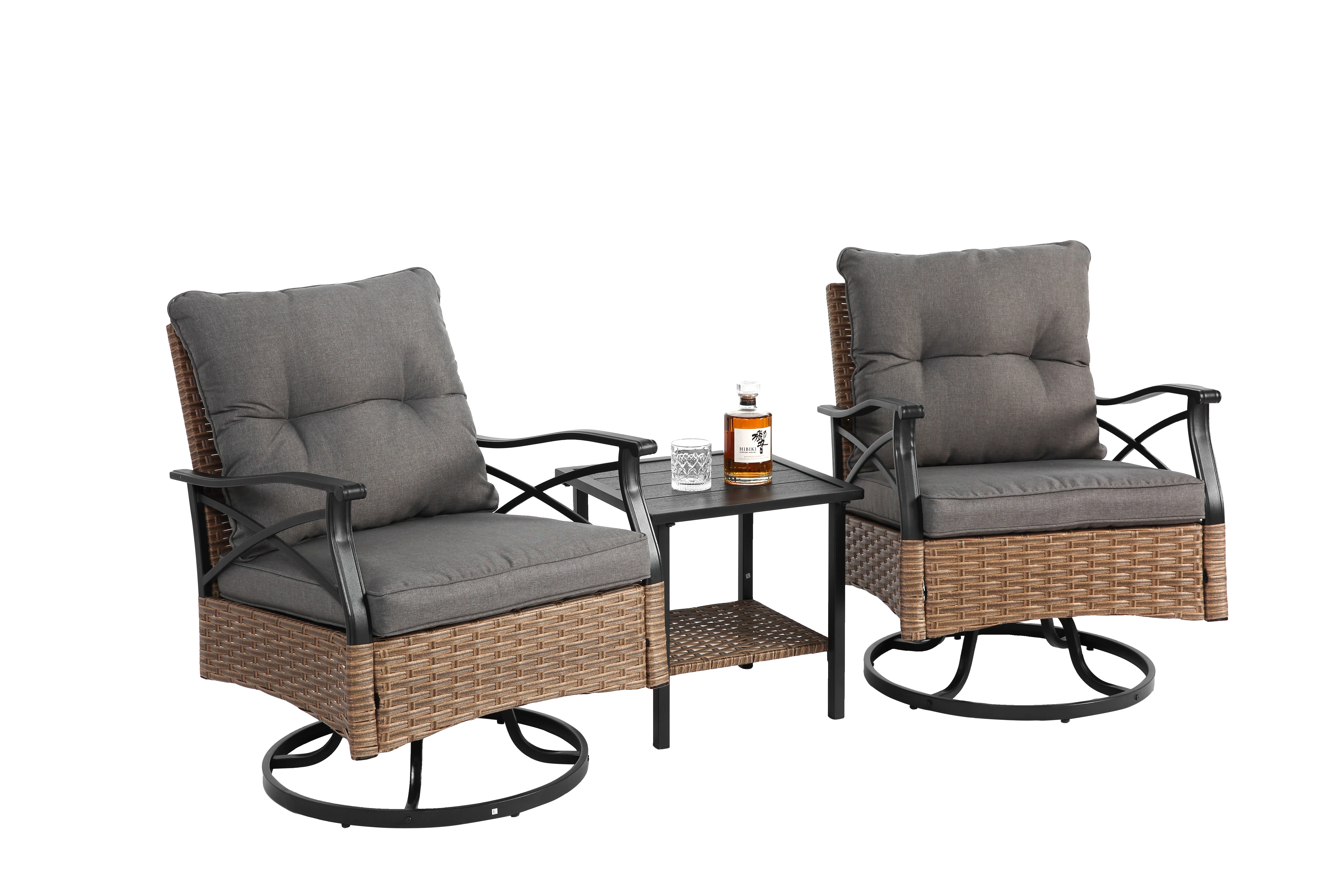 Outdoor Swivel Rocking Chair Set, 3 Pieces with 1 Table and 2 Chairs, 350lb Support, Brown Wicker - Image 8