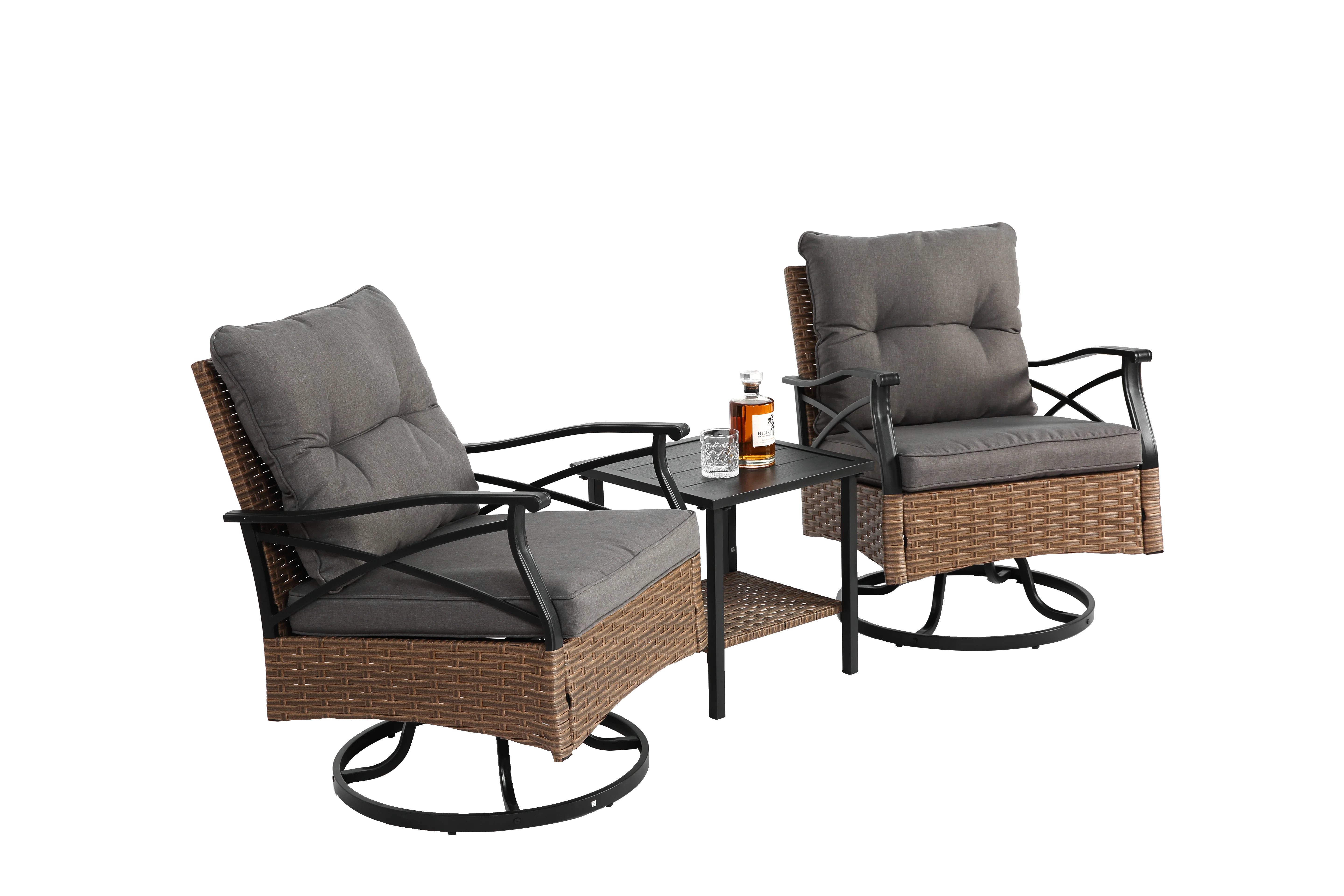 Outdoor Swivel Rocking Chair Set, 3 Pieces with 1 Table and 2 Chairs, 350lb Support, Brown Wicker - Image 9