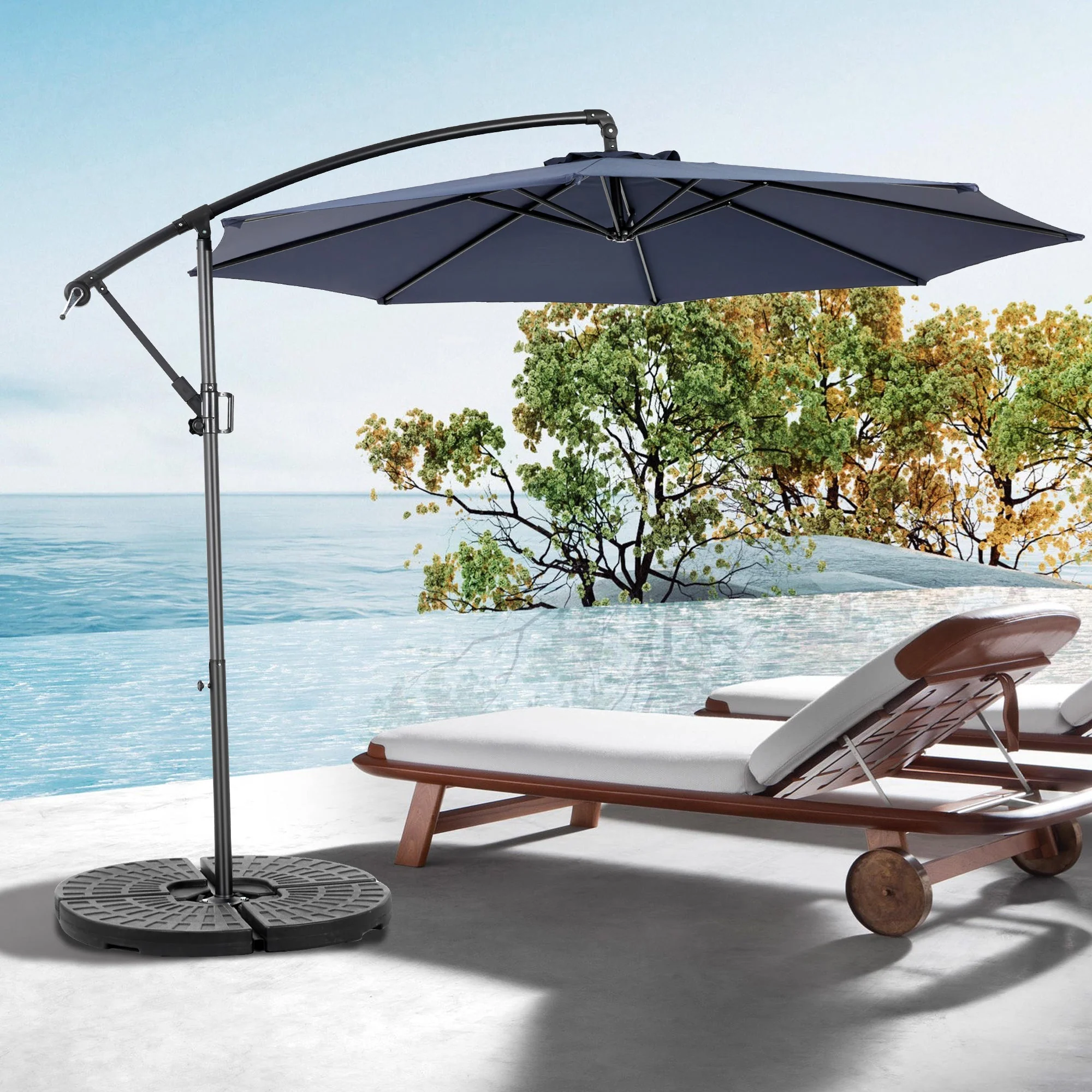 Outdoor Umbrella Rectangular 14.8 Ft Double Sided with Crank, Navy Blue