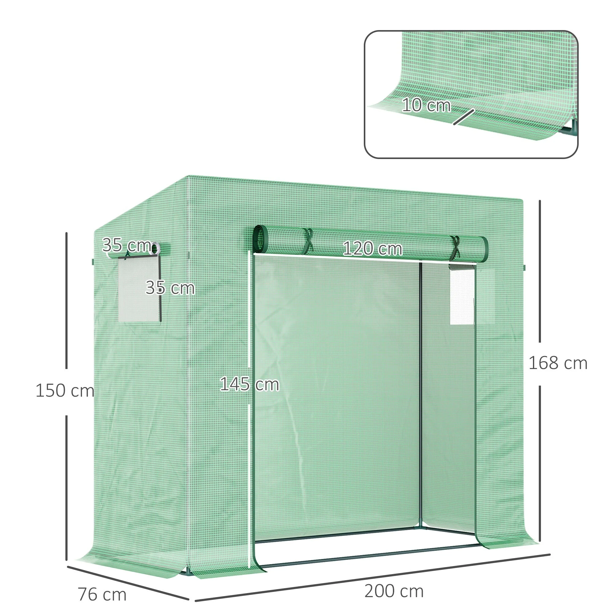 Outsunny Greenhouse with Roll-Up Door and Side Window, 200 x 76 x 168 cm, Green PE Mesh Film - Image 3