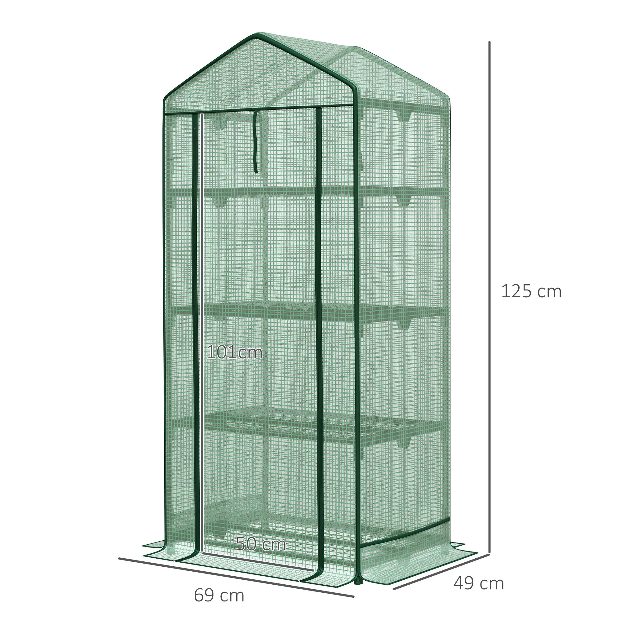 Outsunny Mini Greenhouse with 3 Shelves and Roll-Up Door, 69 x 49 x 125 cm, Green Foil - Image 3