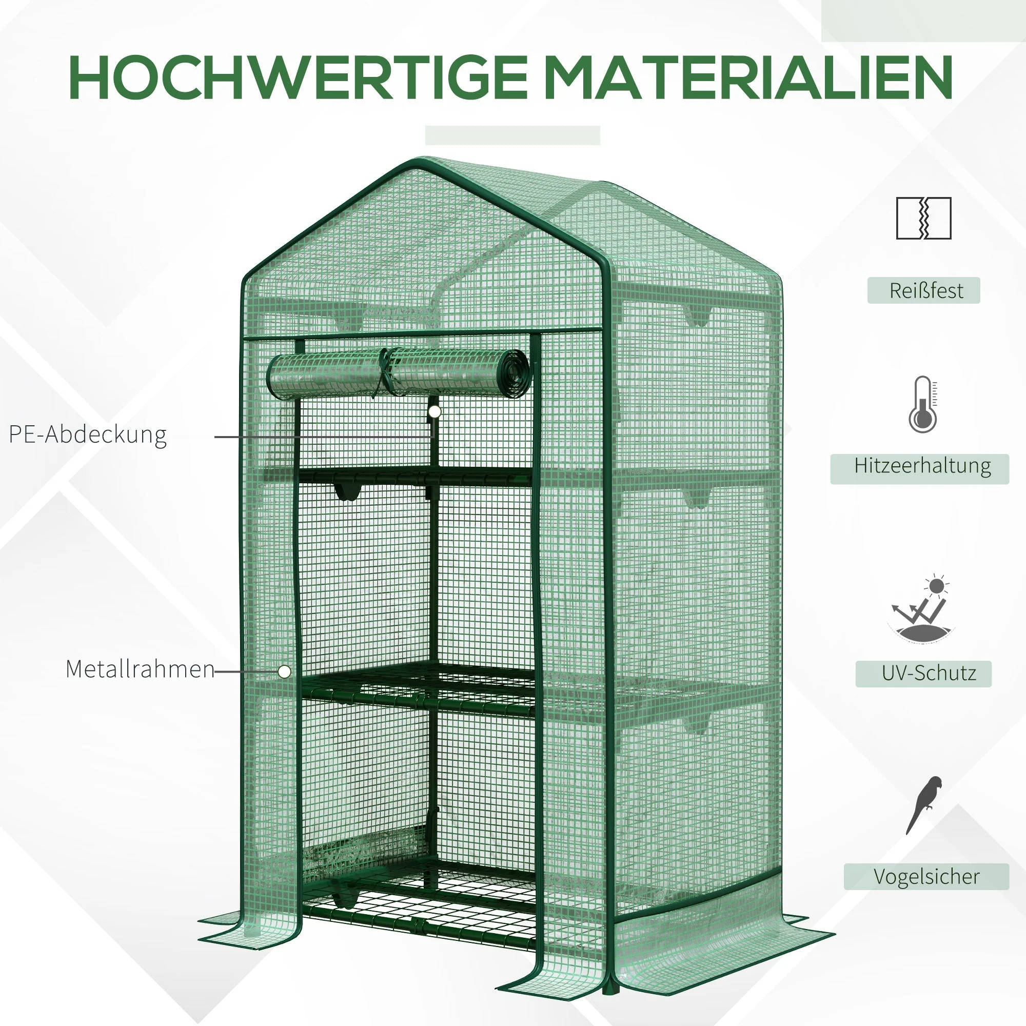 Outsunny Mini Greenhouse with 3 Shelves and Roll-Up Door, 69 x 49 x 125 cm, Green Foil - Image 4