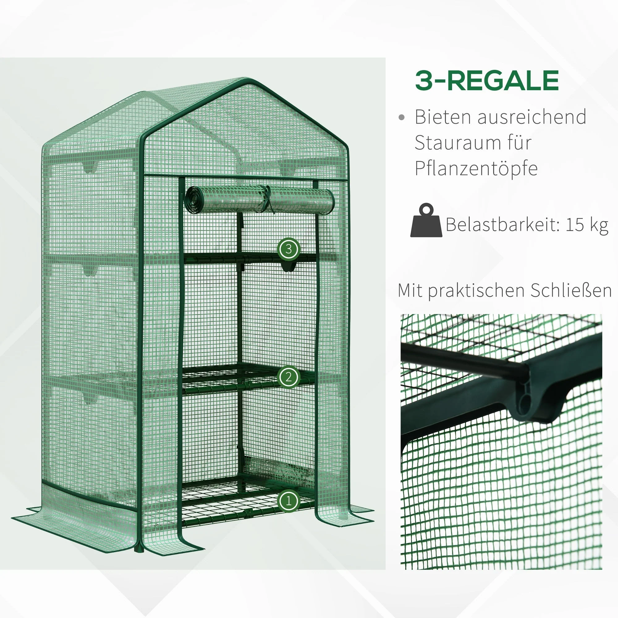 Outsunny Mini Greenhouse with 3 Shelves and Roll-Up Door, 69 x 49 x 125 cm, Green Foil - Image 6