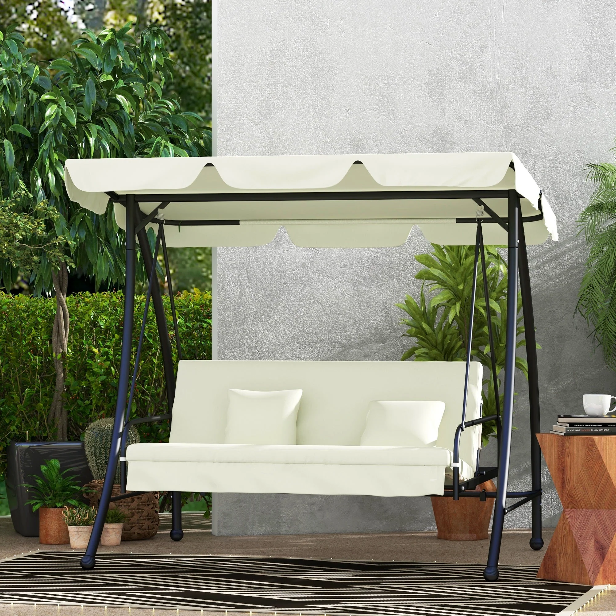 Outsuuny 2-in-1 Hollywood Swing Reclining 3-Seater Garden Lounger, Cream White