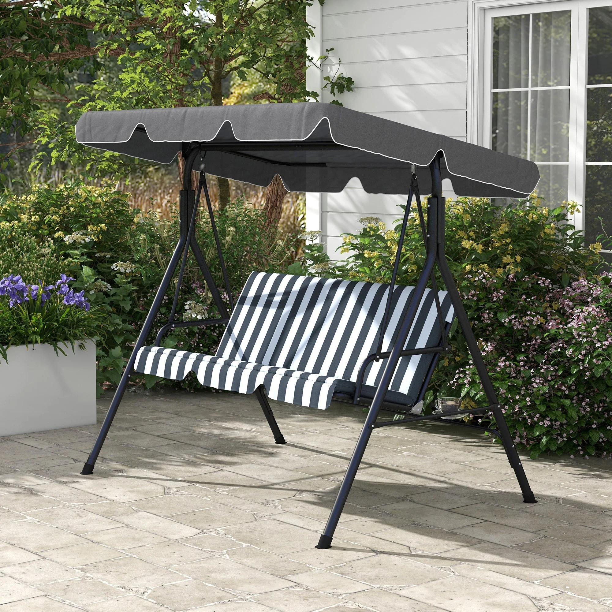 Outsuuny 3-Seater Garden Swing with Adjustable Sunshade, 240 kg Load Capacity, Grey/White - Image 7