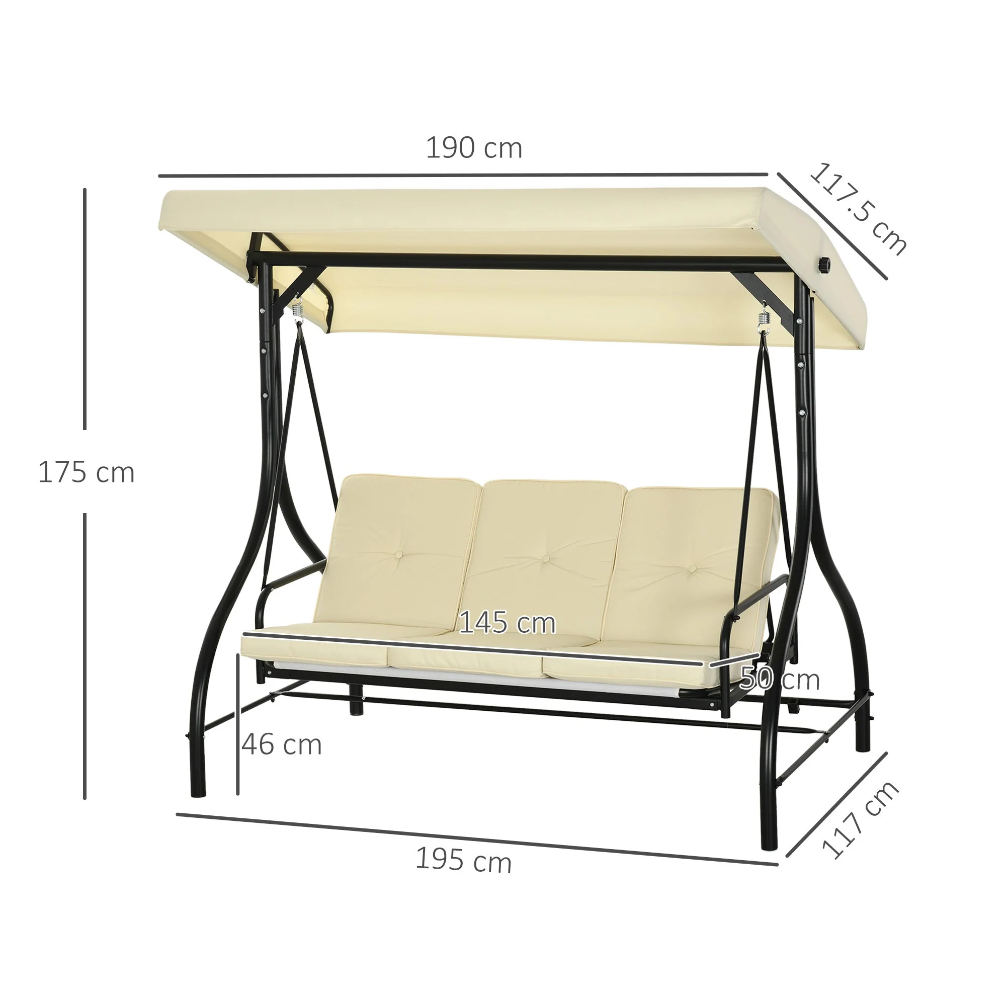 Porch Swing, 2-in-1 Reclining 3-Seater with Adjustable Sunroof, 240 kg, Beige - Image 3