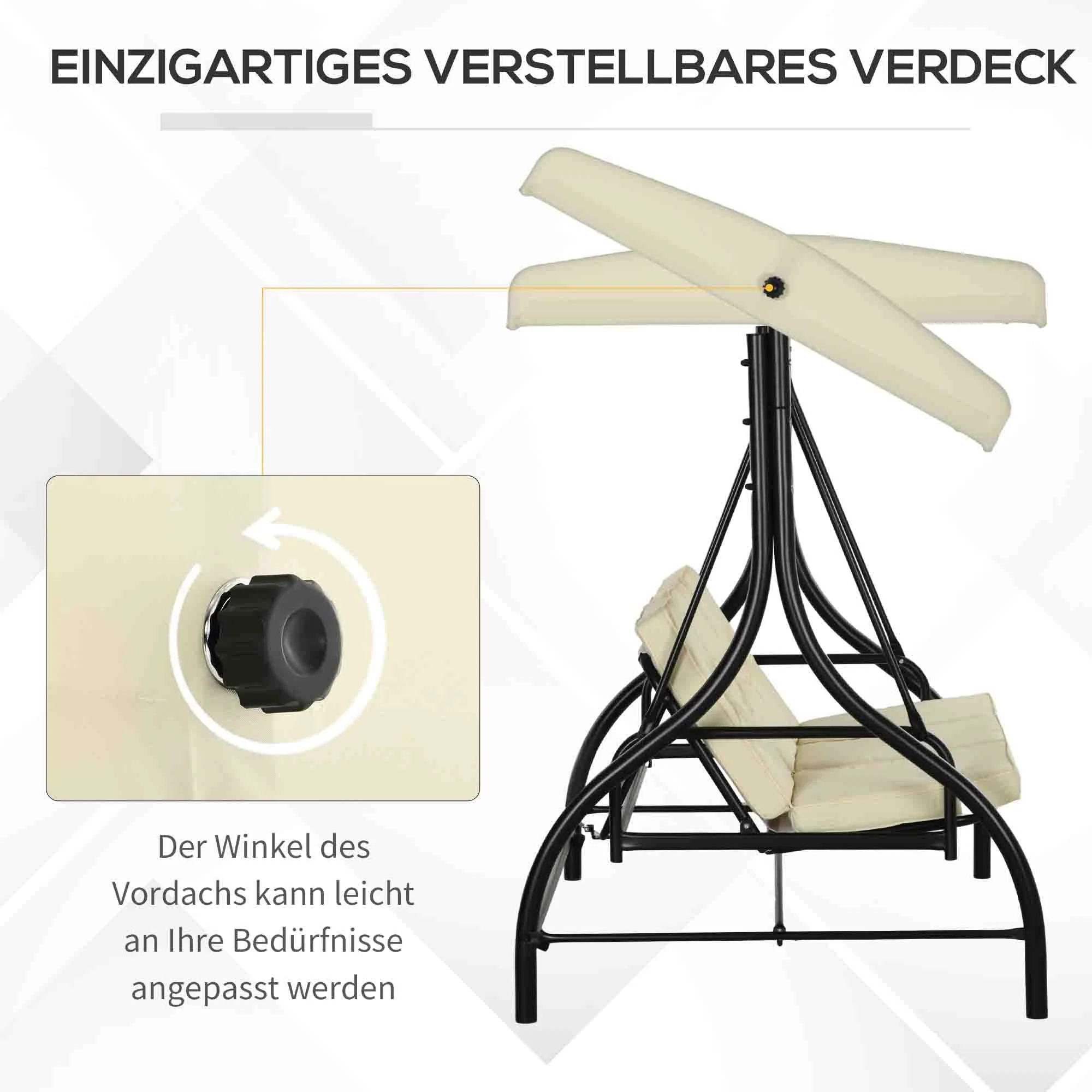 Porch Swing, 2-in-1 Reclining 3-Seater with Adjustable Sunroof, 240 kg, Beige - Image 4
