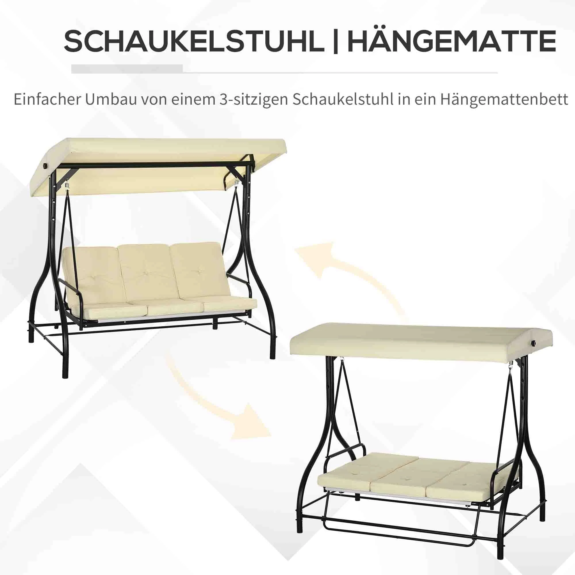 Porch Swing, 2-in-1 Reclining 3-Seater with Adjustable Sunroof, 240 kg, Beige - Image 5