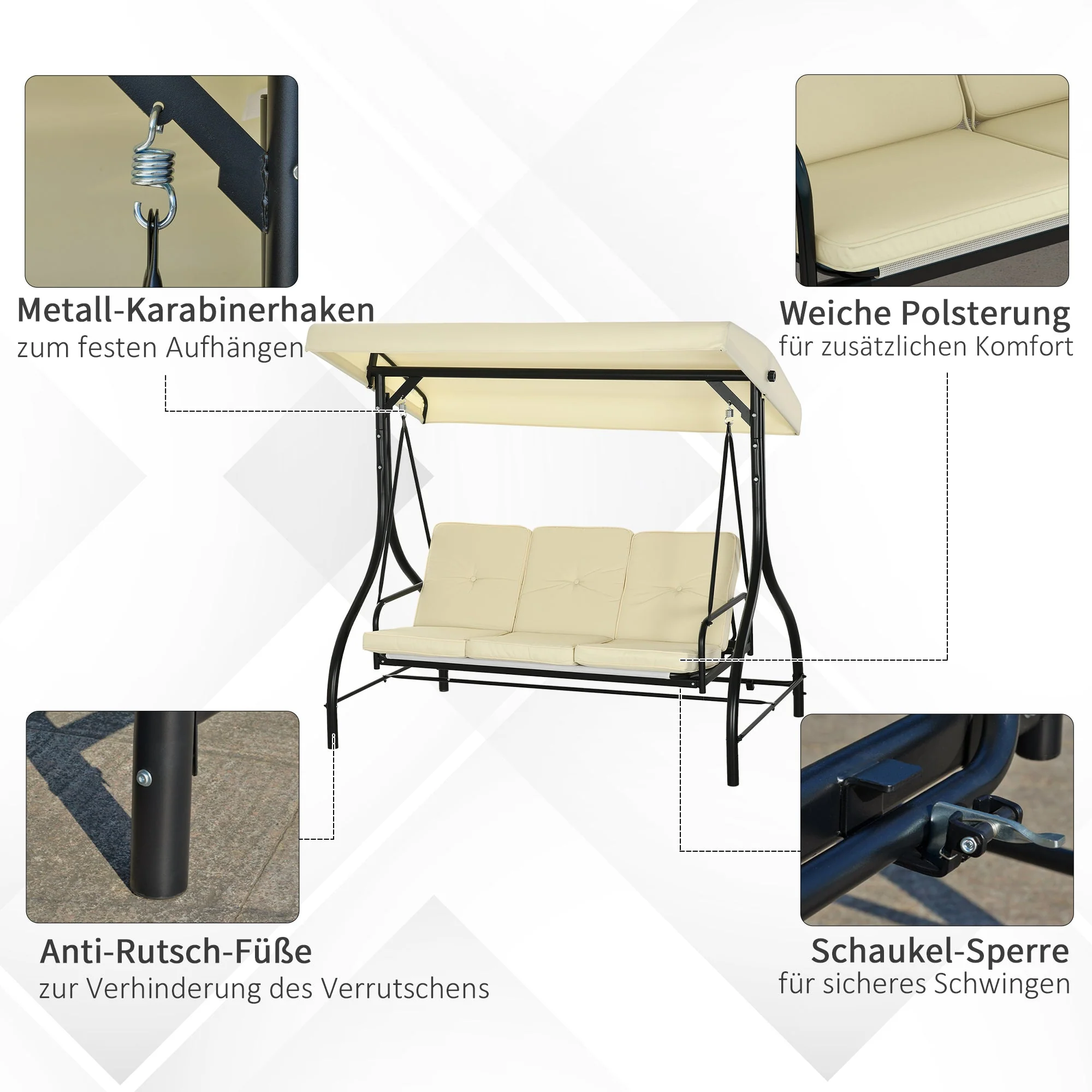 Porch Swing, 2-in-1 Reclining 3-Seater with Adjustable Sunroof, 240 kg, Beige - Image 6