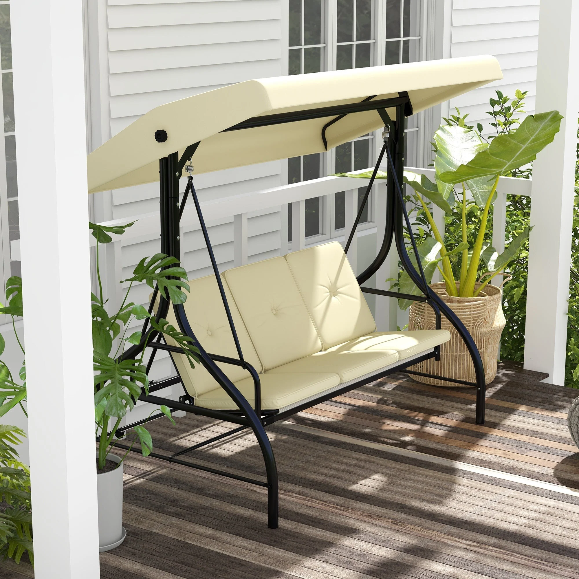 Porch Swing, 2-in-1 Reclining 3-Seater with Adjustable Sunroof, 240 kg, Beige - Image 7