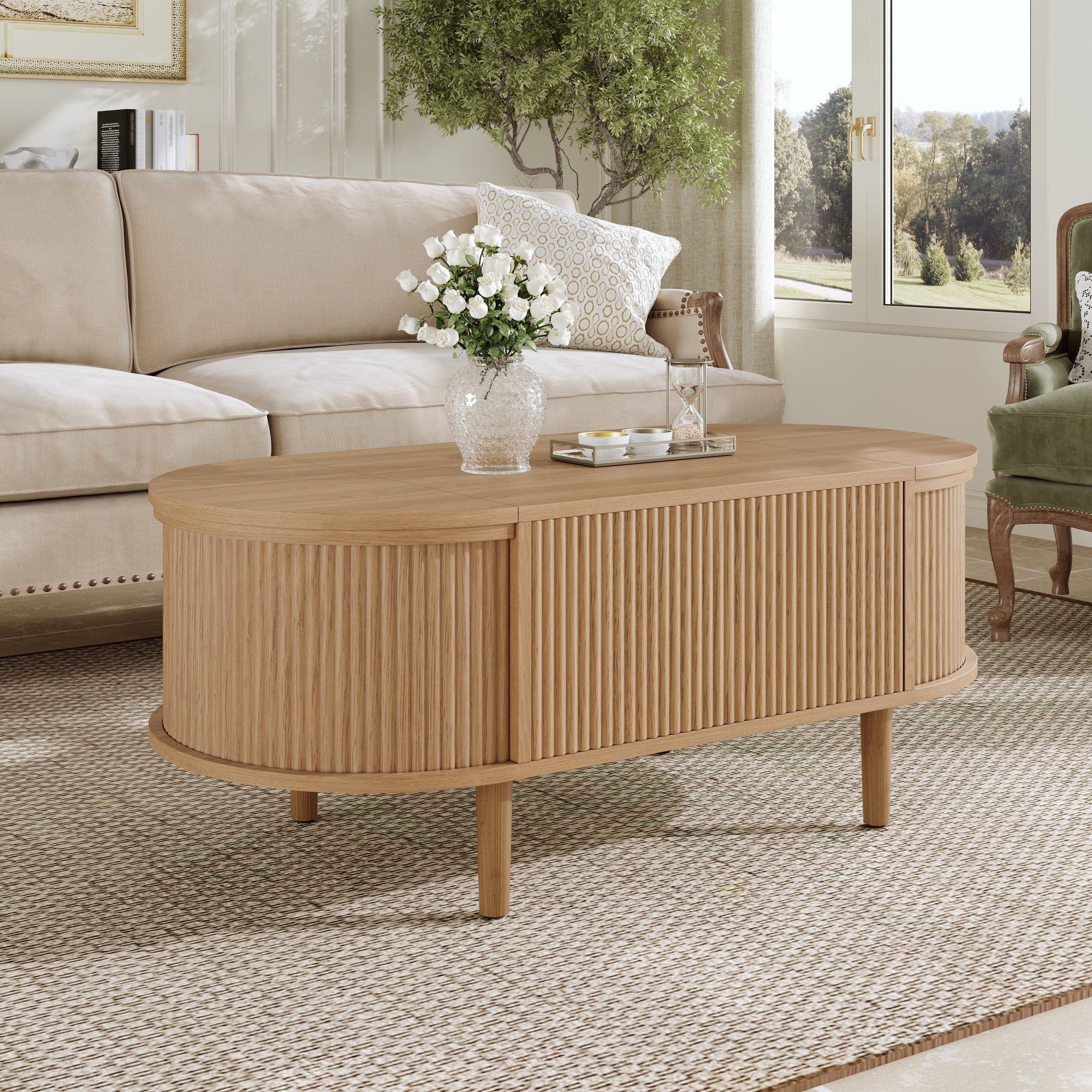 Oval Adjustable Coffee Table with Storage and Multifunctional Design, Vintage Style, Solid Wood Legs - Image 5