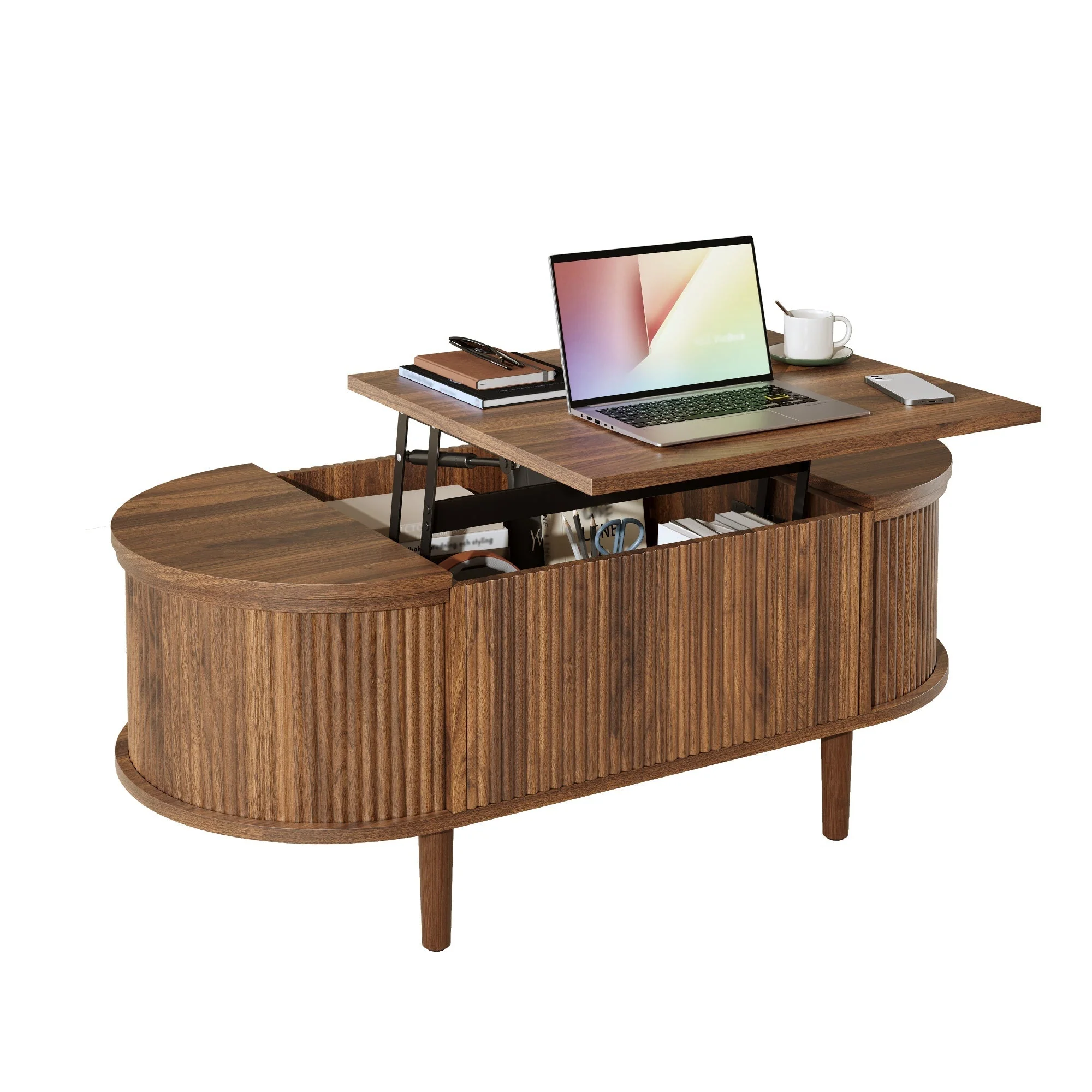 Oval Coffee Table with Adjustable Storage and Vintage Style, Solid Wood Legs - Image 2