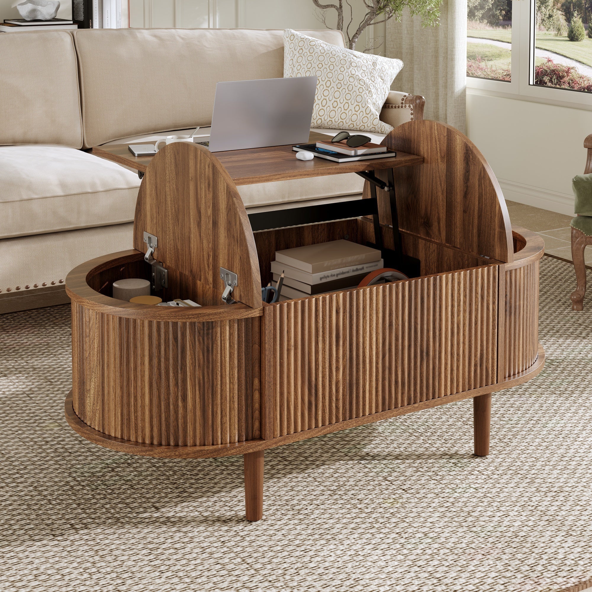 Oval Coffee Table with Adjustable Storage and Vintage Style, Solid Wood Legs - Image 3