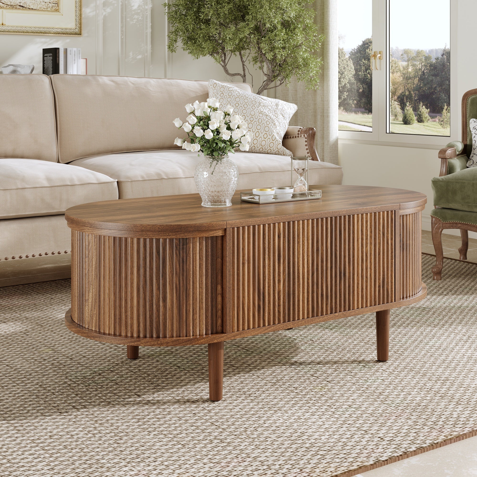 Oval Coffee Table with Adjustable Storage and Vintage Style, Solid Wood Legs - Image 5