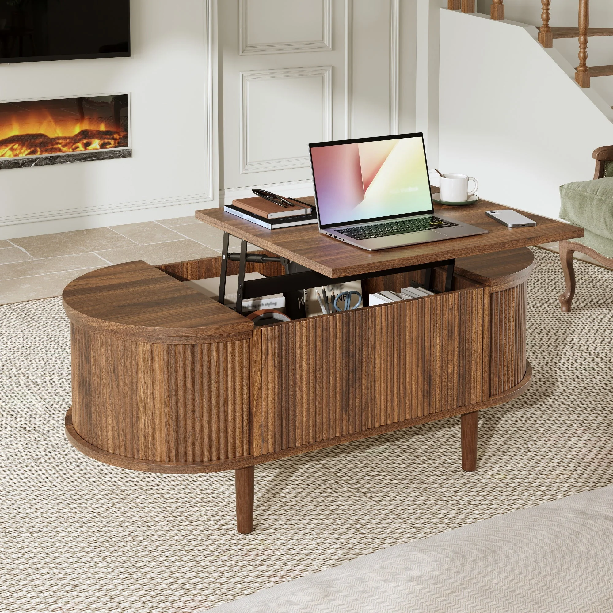 Oval Coffee Table with Adjustable Storage and Vintage Style, Solid Wood Legs - Image 6