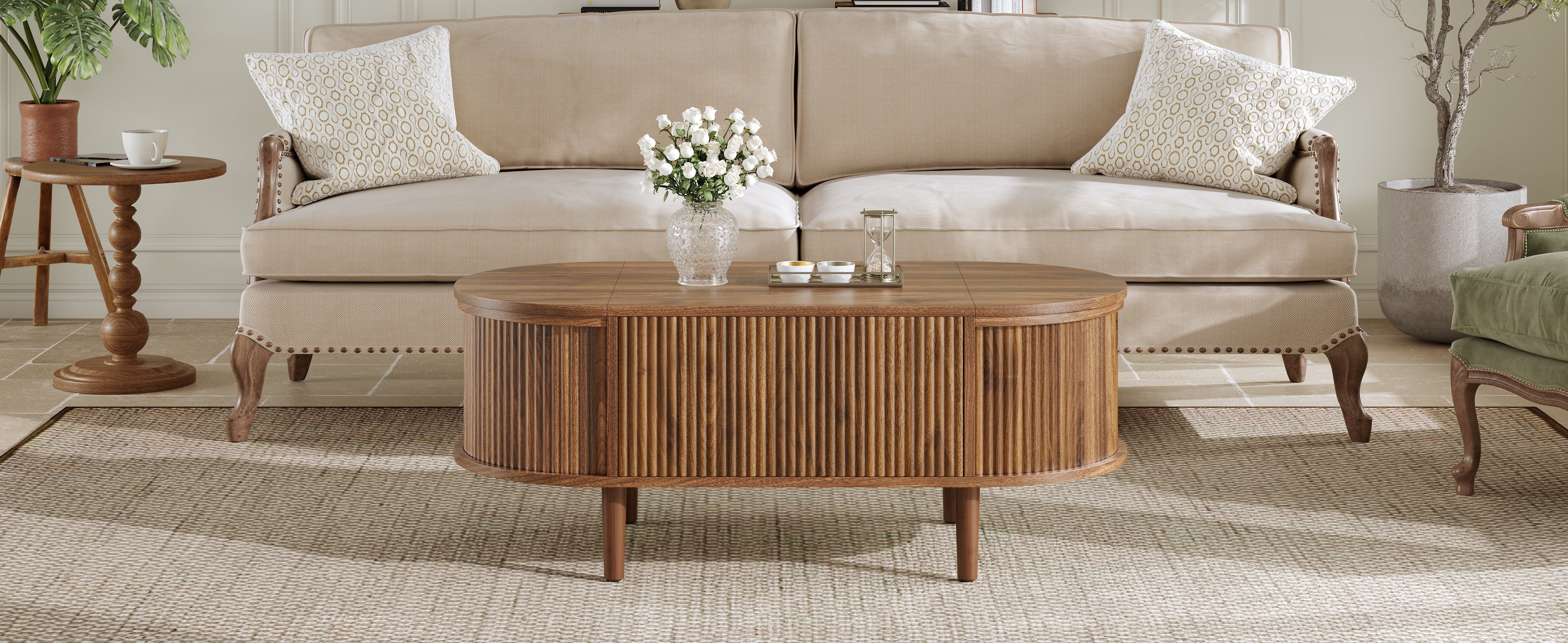 Oval Coffee Table with Adjustable Storage and Vintage Style, Solid Wood Legs - Image 7