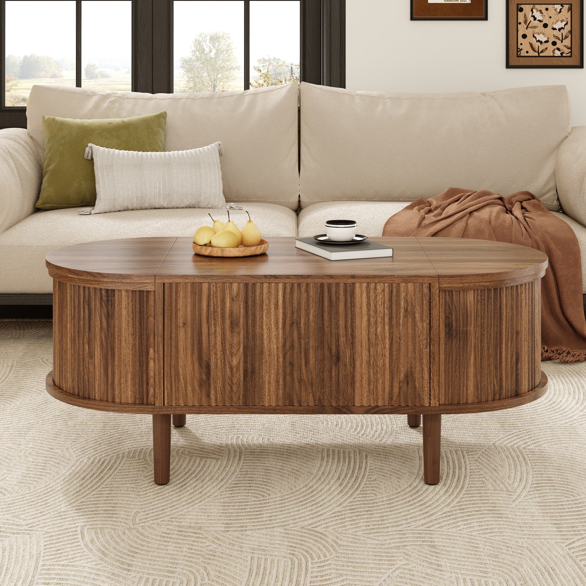 Oval Coffee Table with Adjustable Storage and Vintage Style, Solid Wood Legs - Image 8