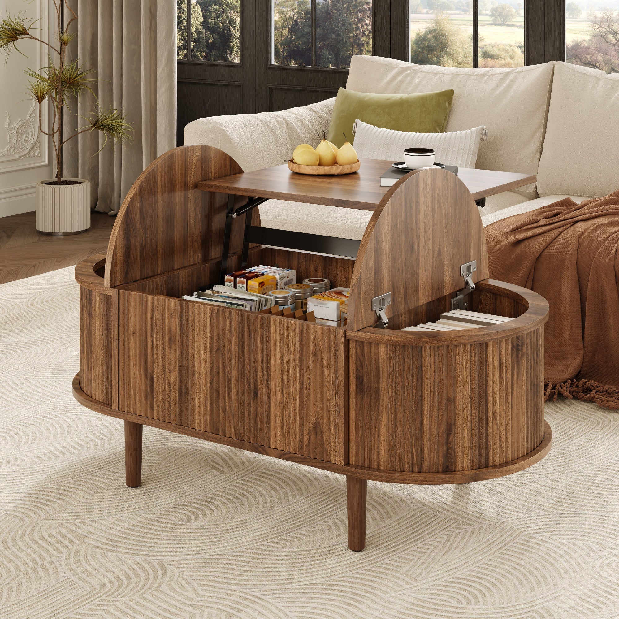 Oval Coffee Table with Adjustable Storage and Vintage Style, Solid Wood Legs - Image 9